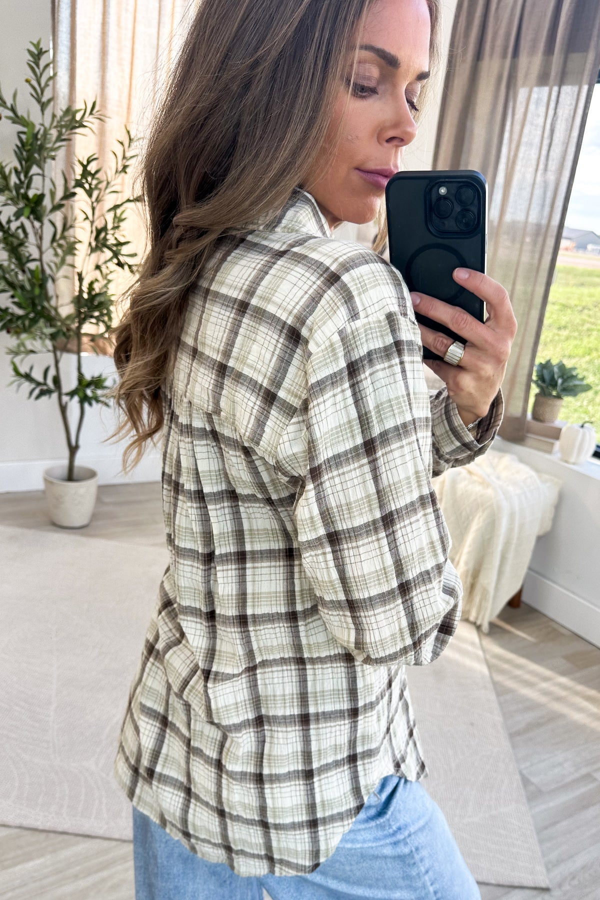 Ivory And Mocha Classic Plaid Button Down Top