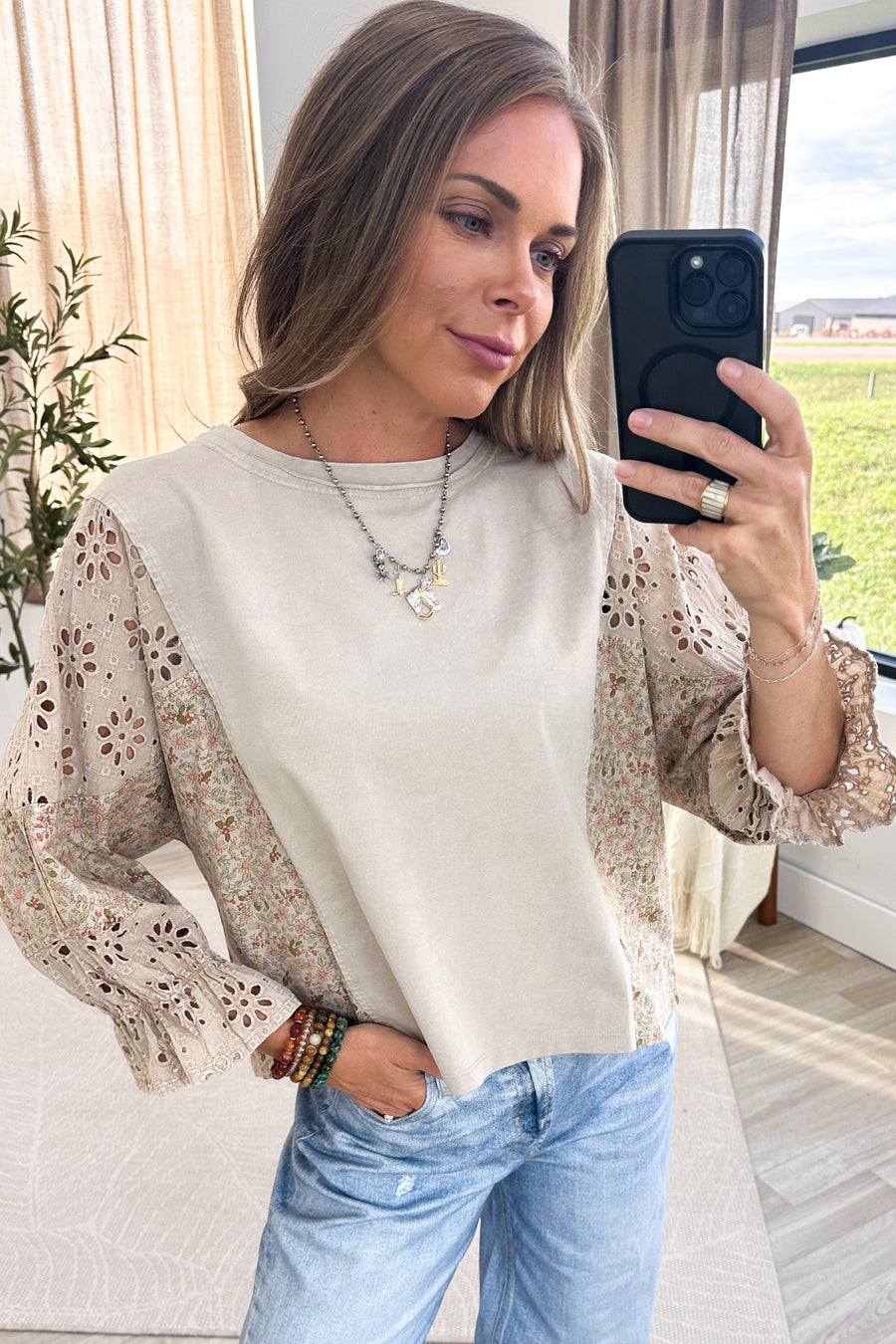Beige Mineral Washed Eyelet Patchwork Knit Top