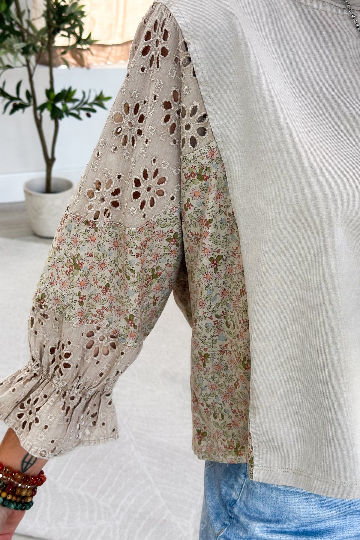 Beige Mineral Washed Eyelet Patchwork Knit Top