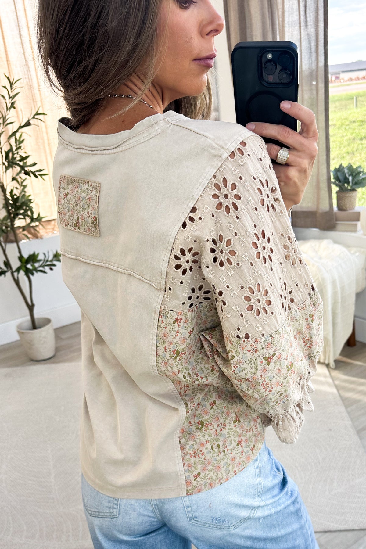 Beige Mineral Washed Eyelet Patchwork Knit Top