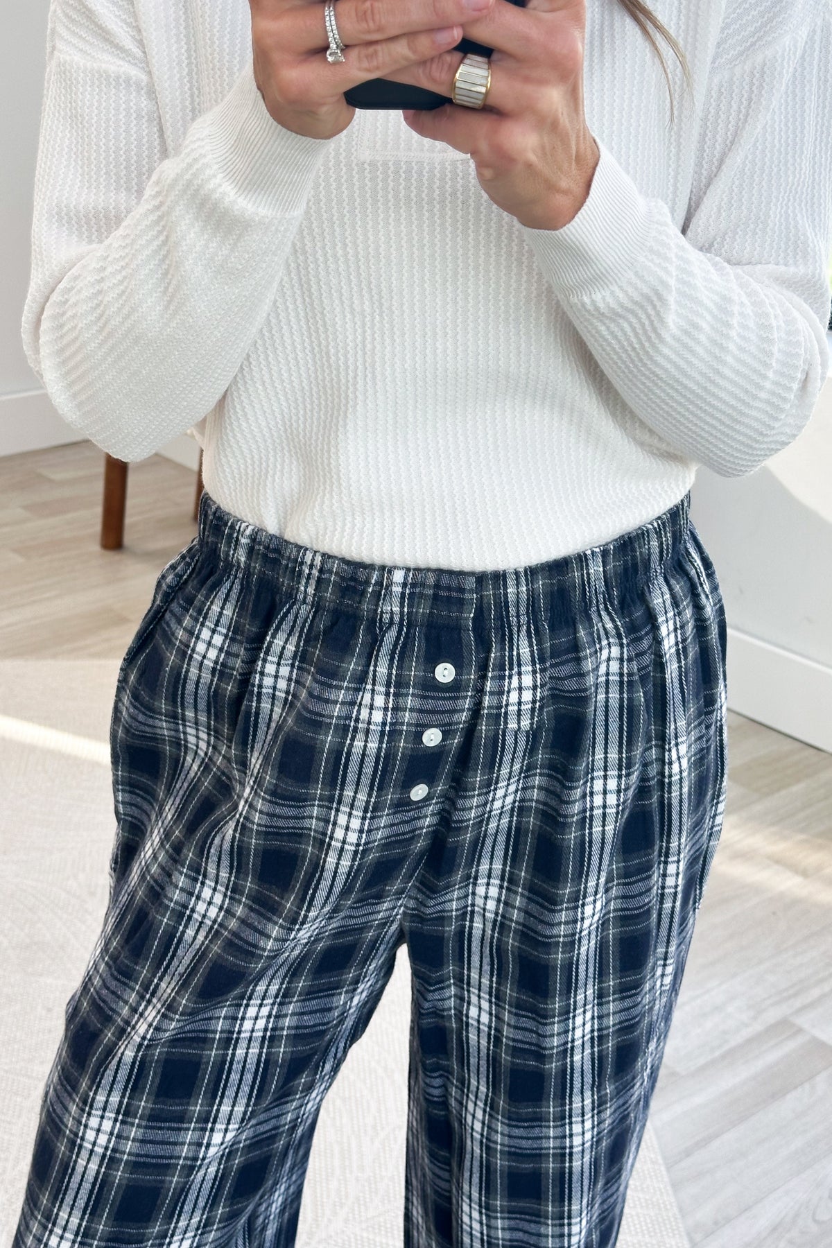 Plaid Knit Wide Leg Pants With Button Detail