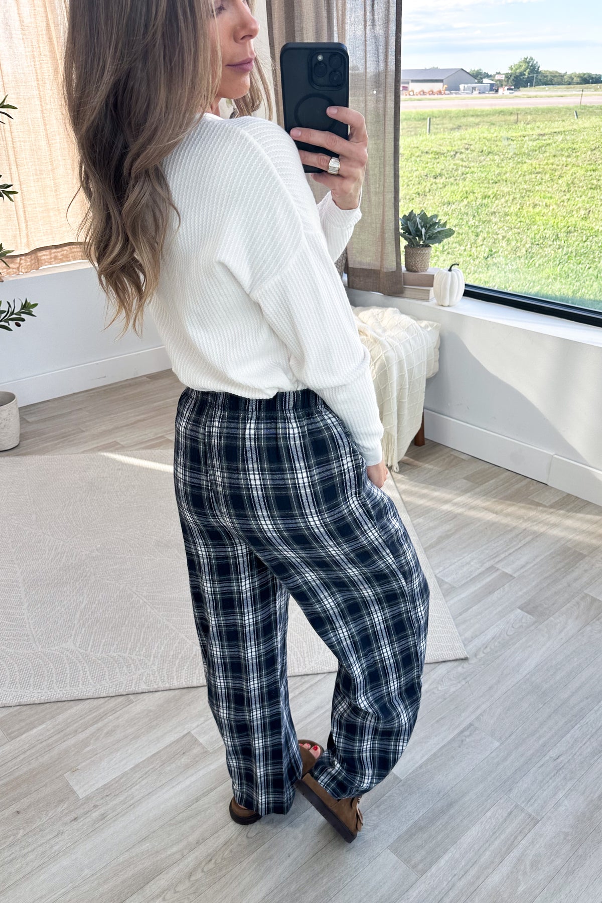 Plaid Knit Wide Leg Pants With Button Detail