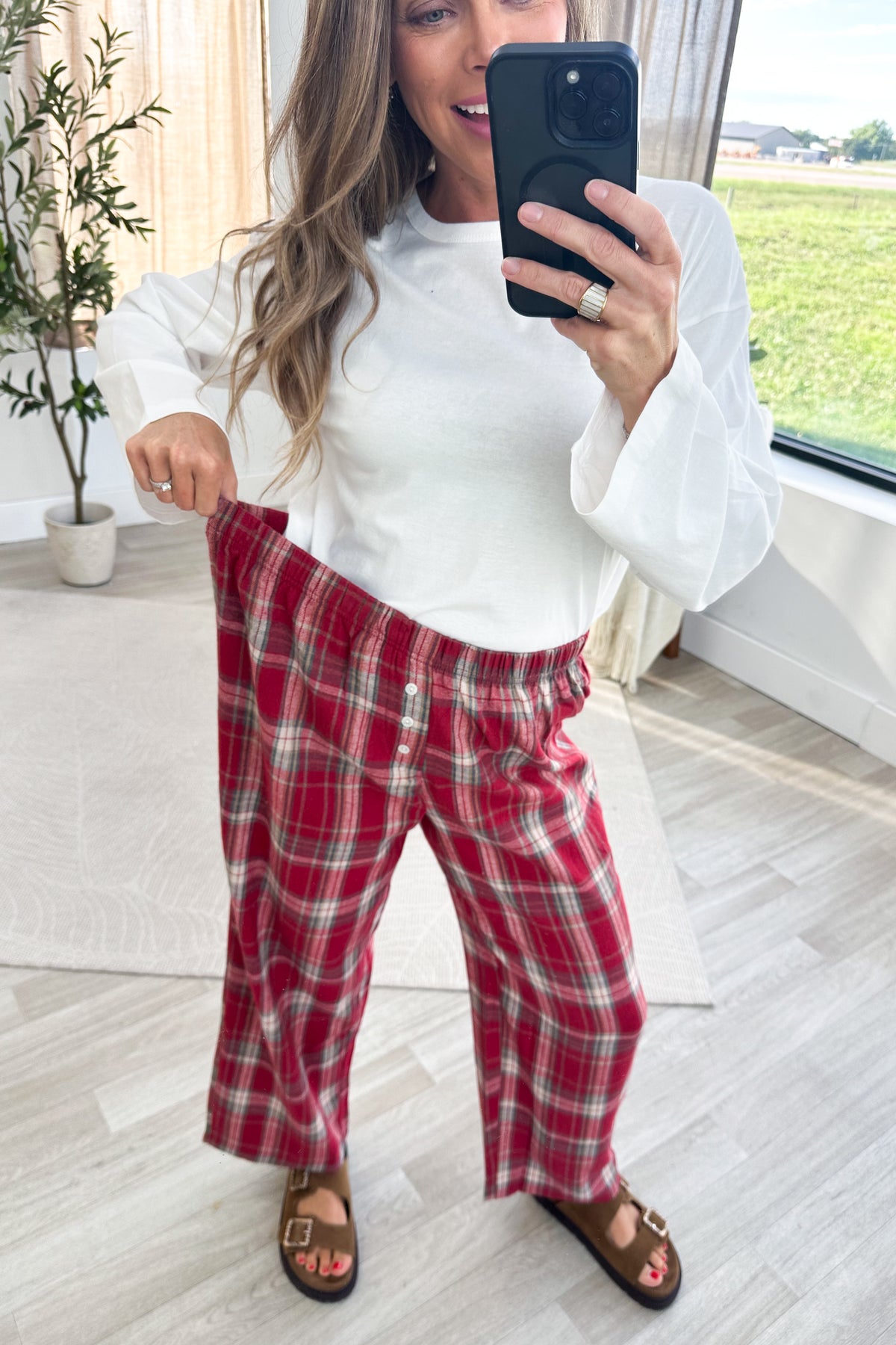 Plaid Knit Wide Leg Pants With Button Detail