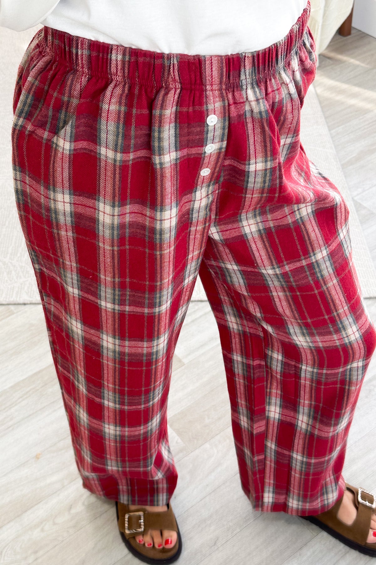 Plaid Knit Wide Leg Pants With Button Detail