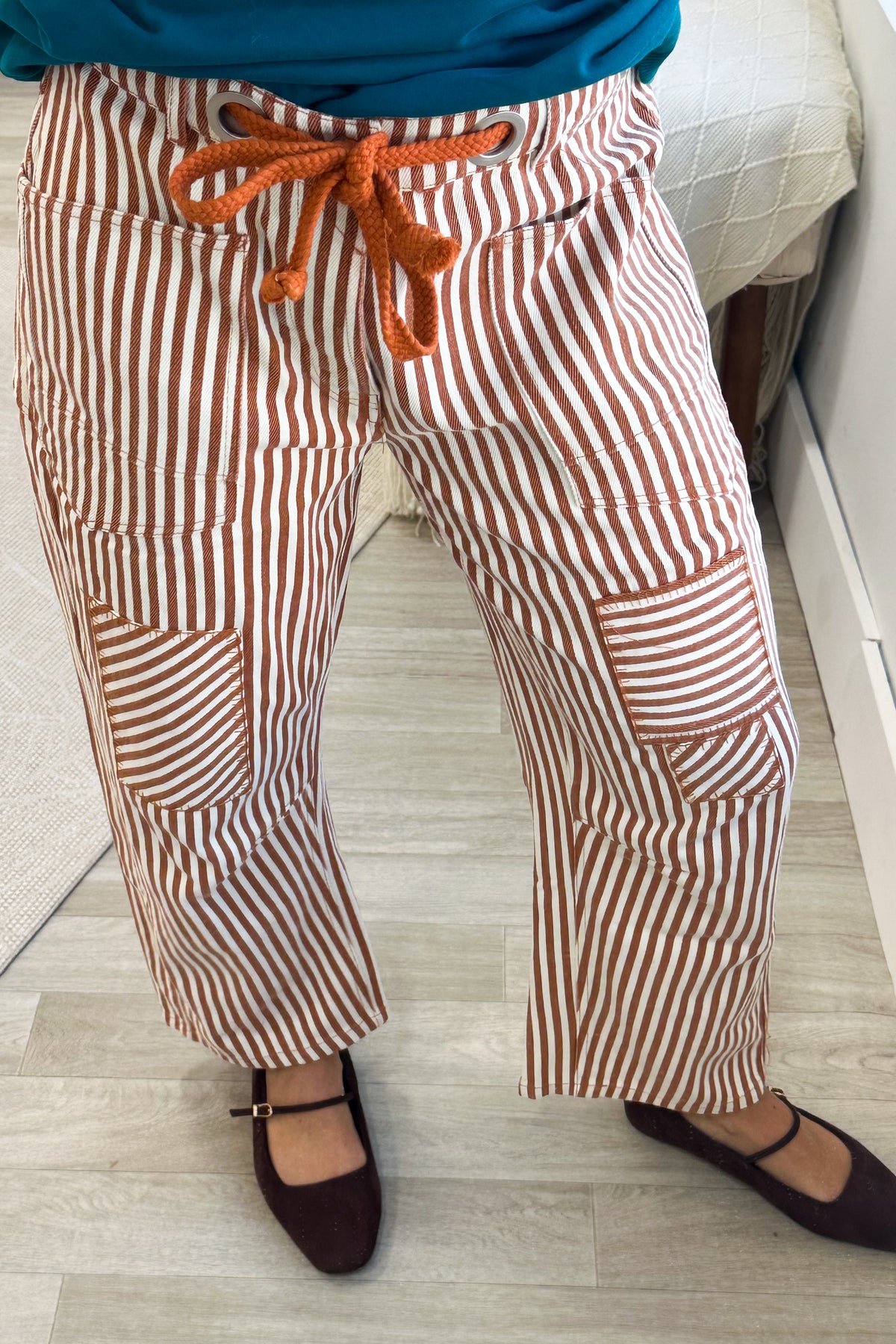 Rust Striped Twill Barrel Rope Belt Pants