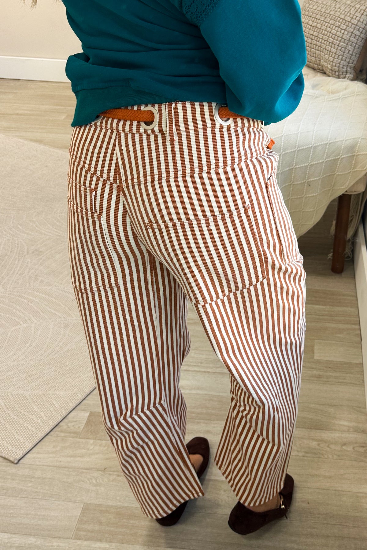 Rust Striped Twill Barrel Rope Belt Pants