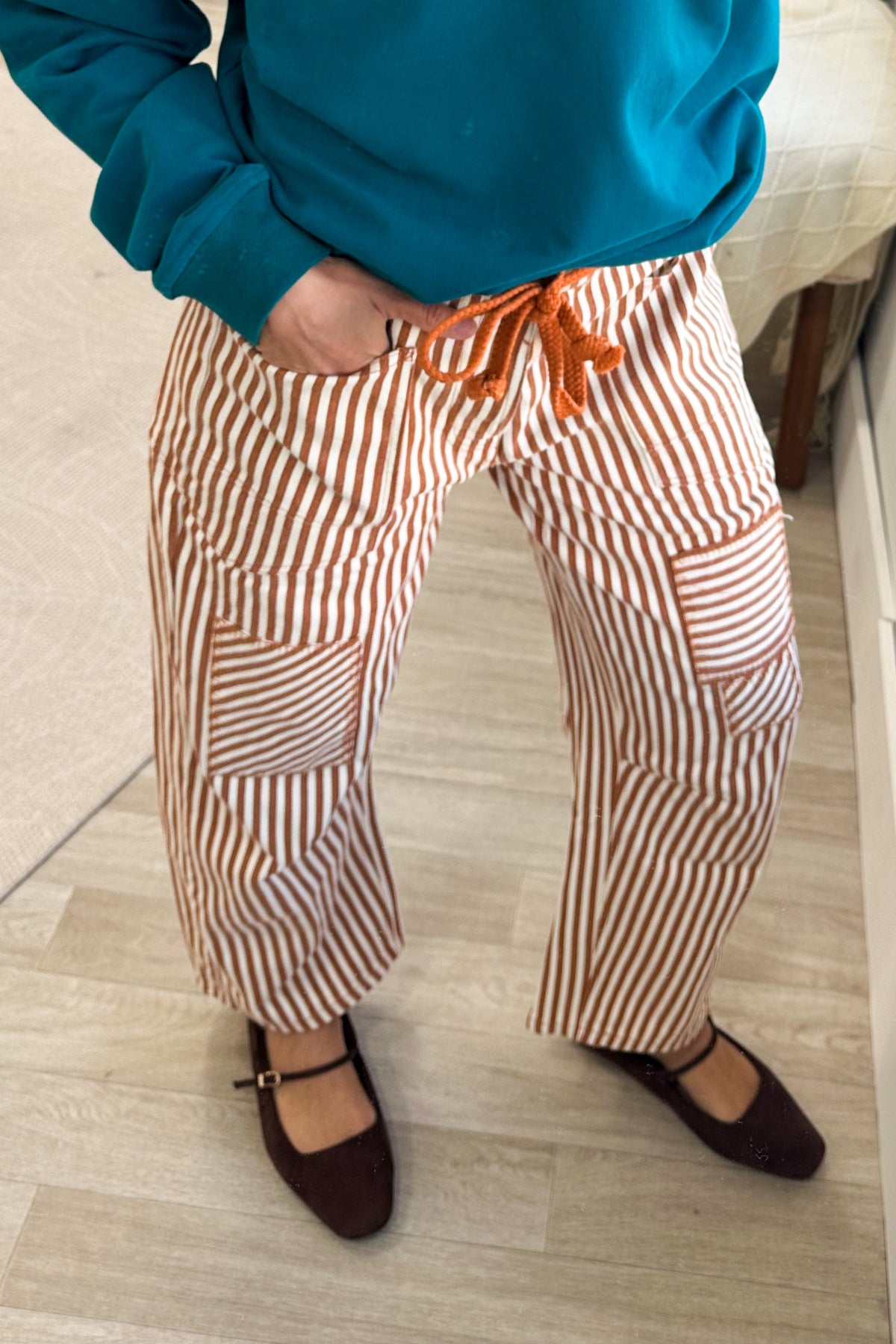 Rust Striped Twill Barrel Rope Belt Pants