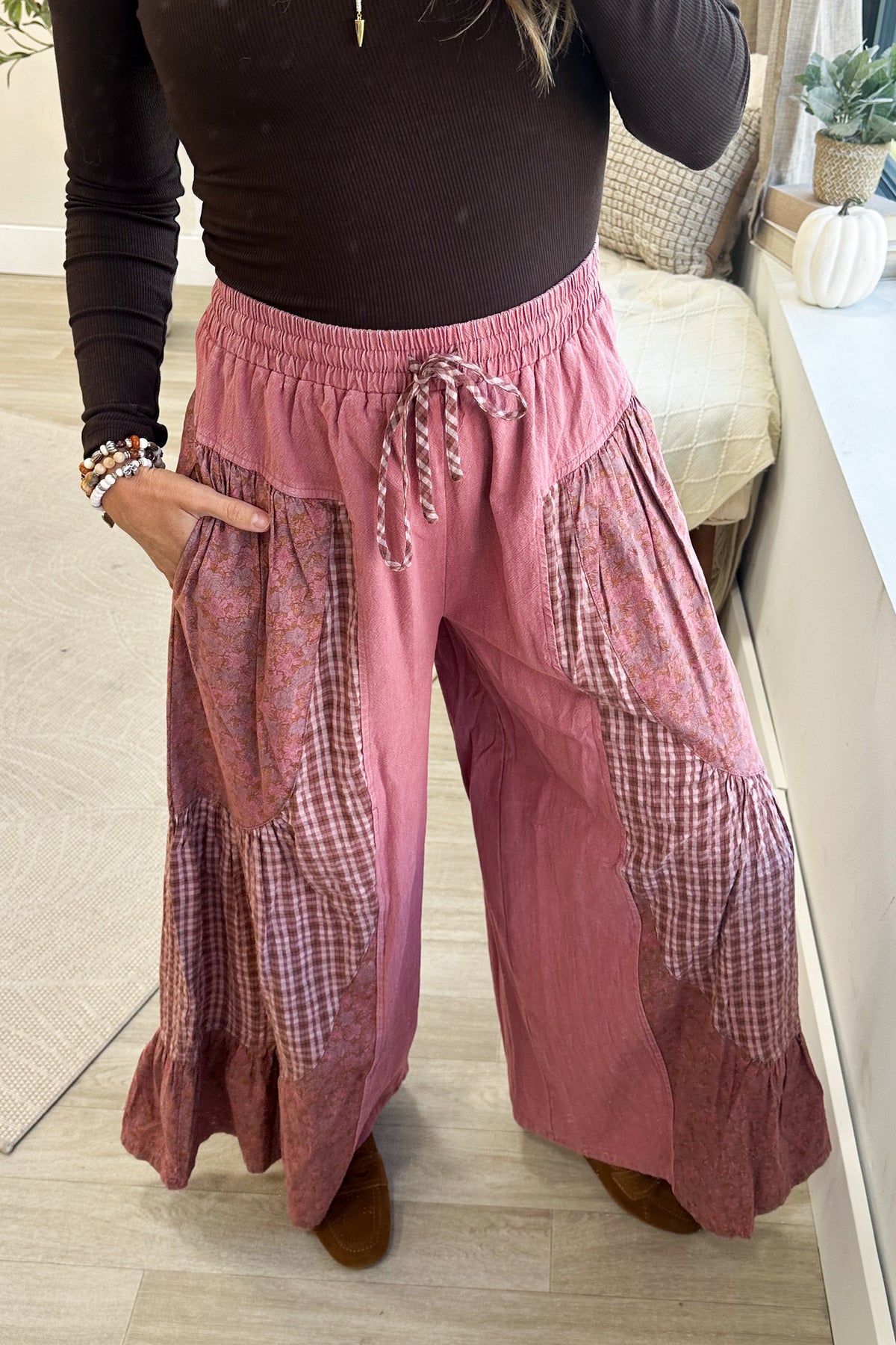 Dark Mauve Patchwork Mixed Print Wide Leg Pants