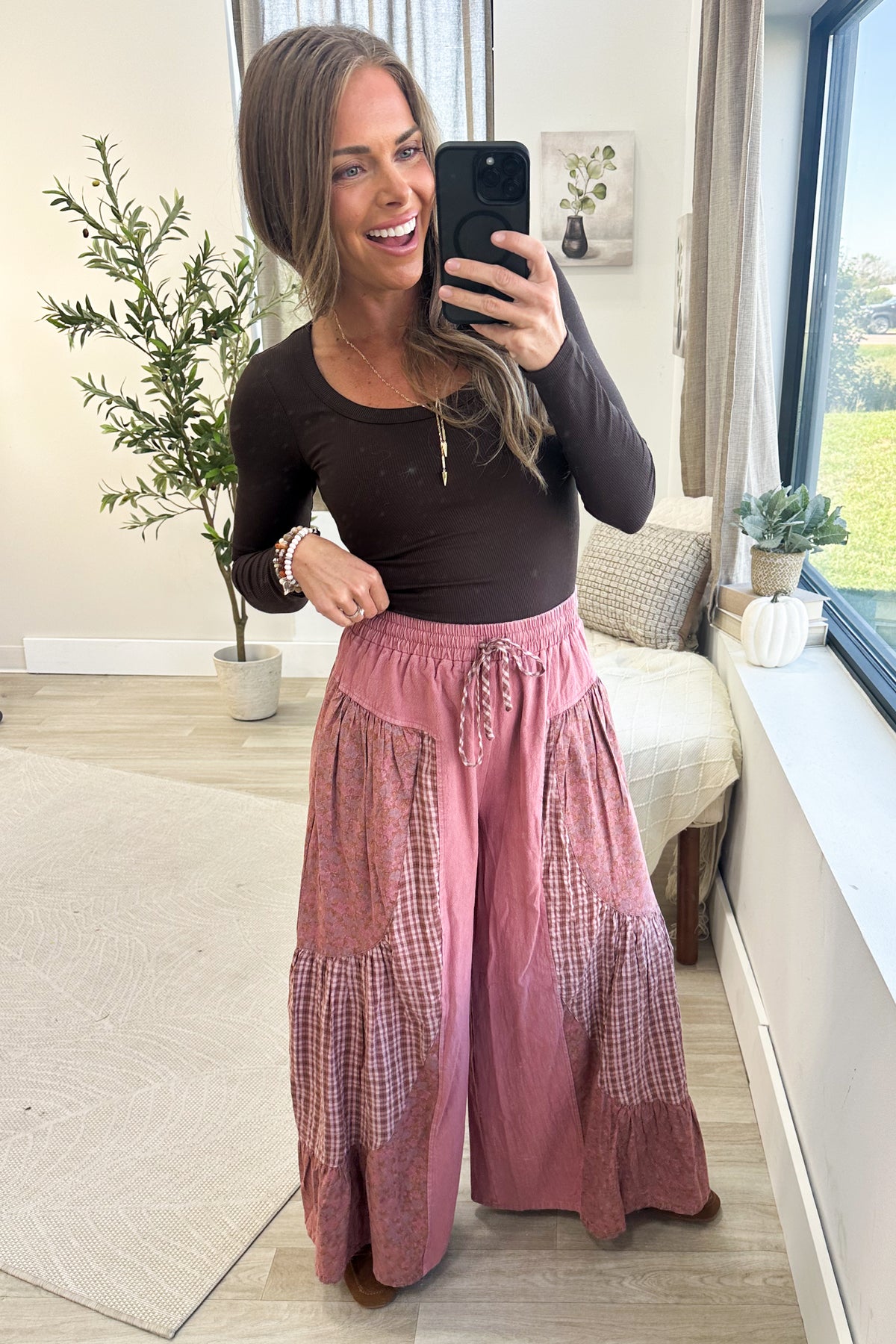 Dark Mauve Patchwork Mixed Print Wide Leg Pants