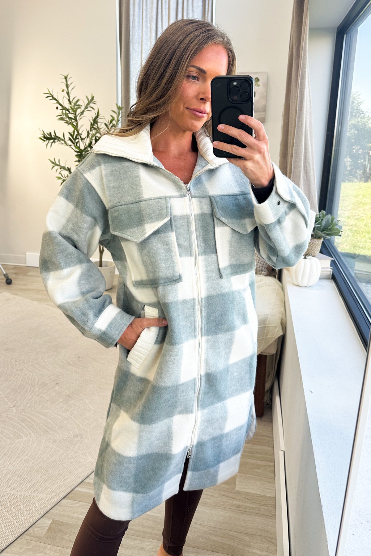 Sage Checker Print Zip Up Jacket