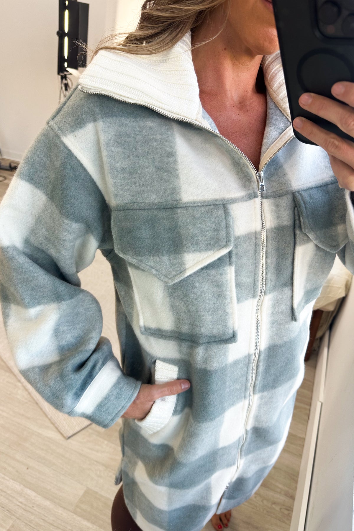 Sage Checker Print Zip Up Jacket