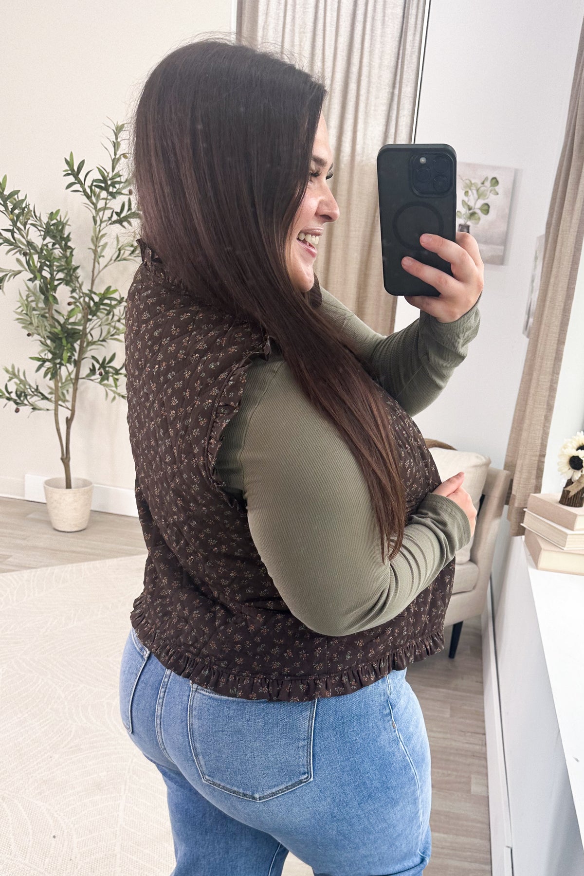 Staccato Brown And Green Plaid Frill Vest