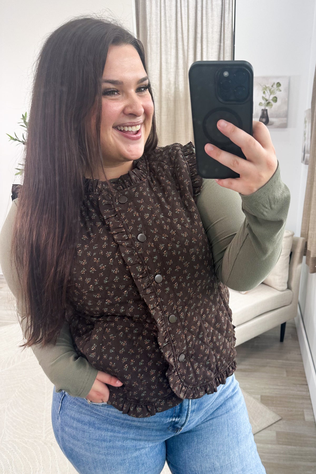 Staccato Brown And Green Plaid Frill Vest