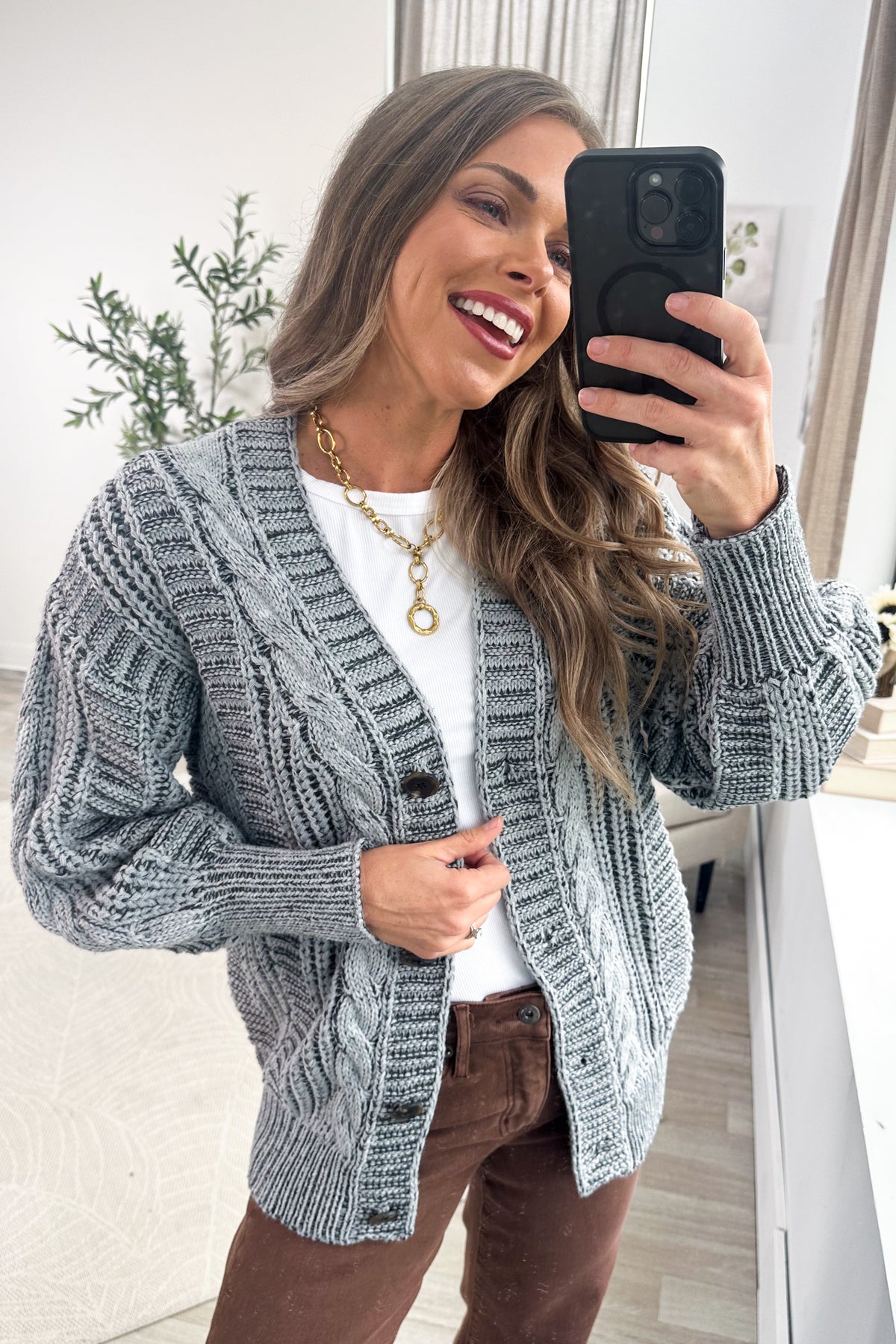 V-Neck Cable Knit Oversized Button Down Cardigan