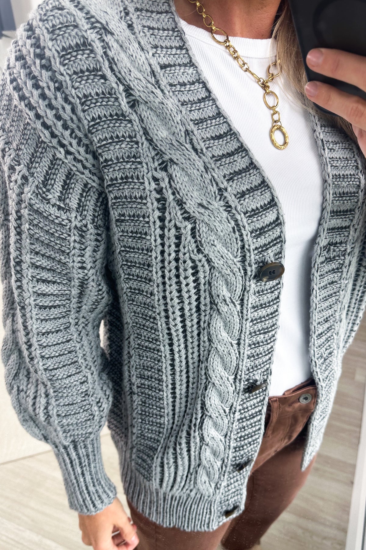 V-Neck Cable Knit Oversized Button Down Cardigan