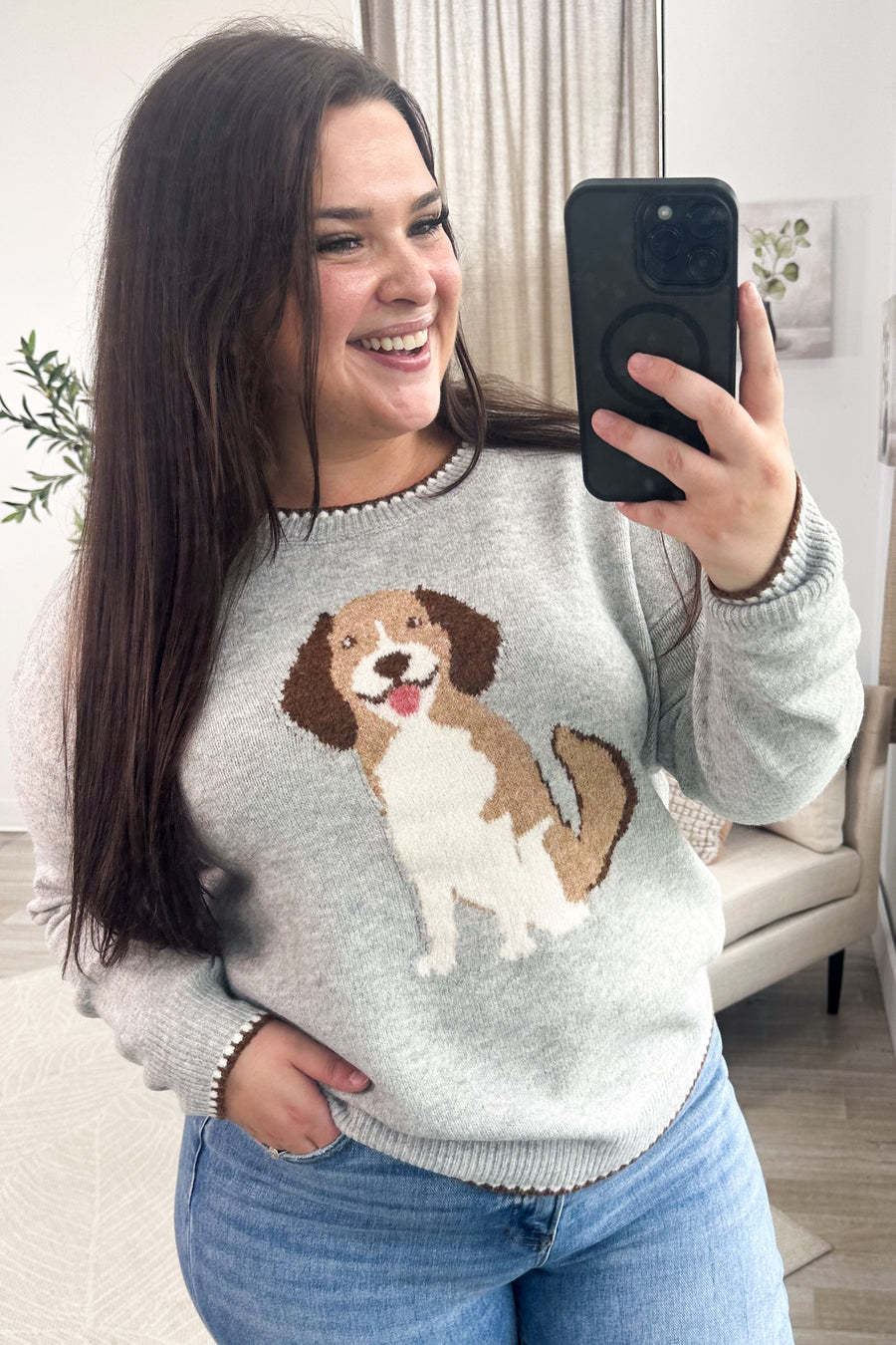 Staccato Heather Grey Dog Print Sweater WIth Trim Detail