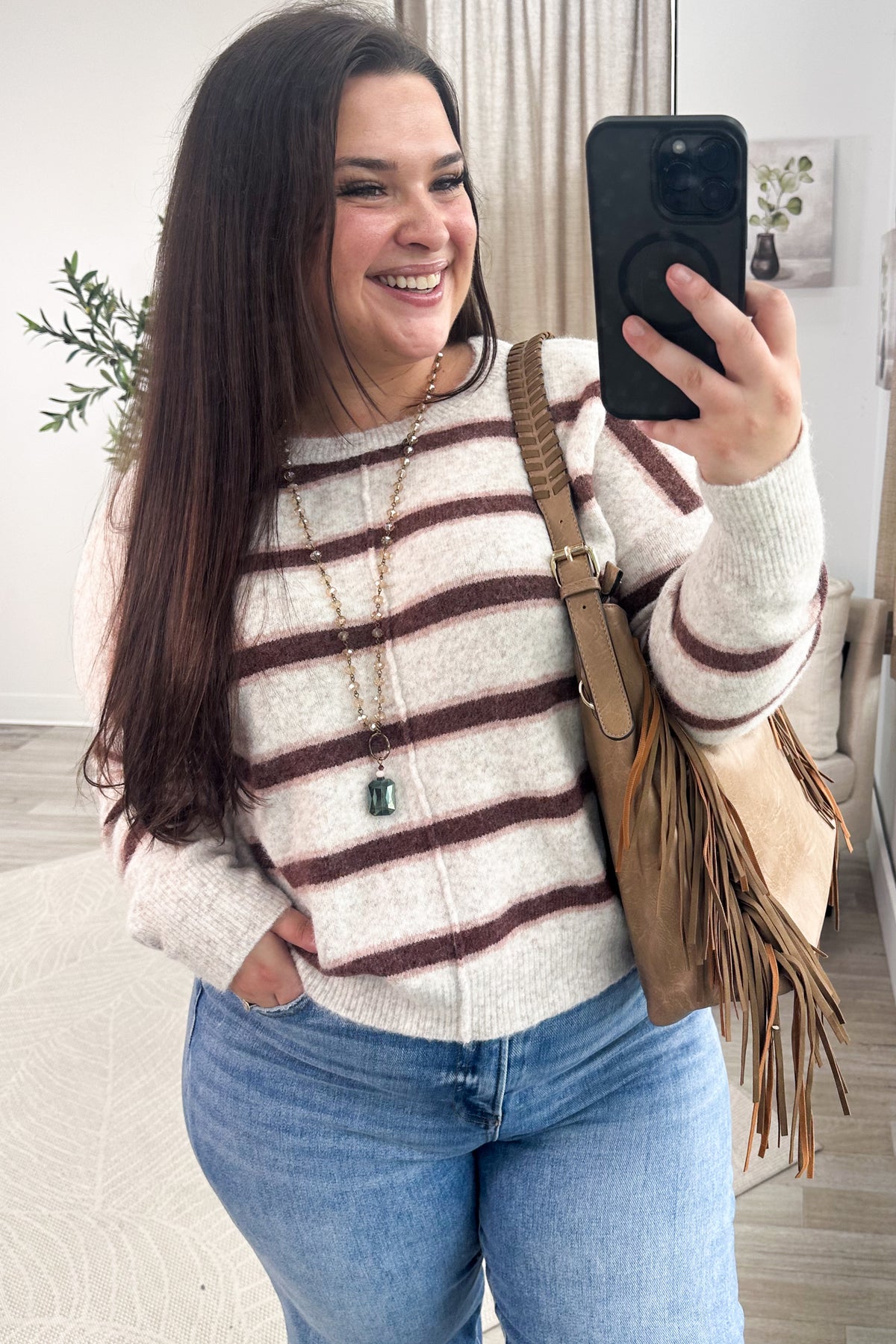 Staccato Oatmeal And Maroon Striped Sweater