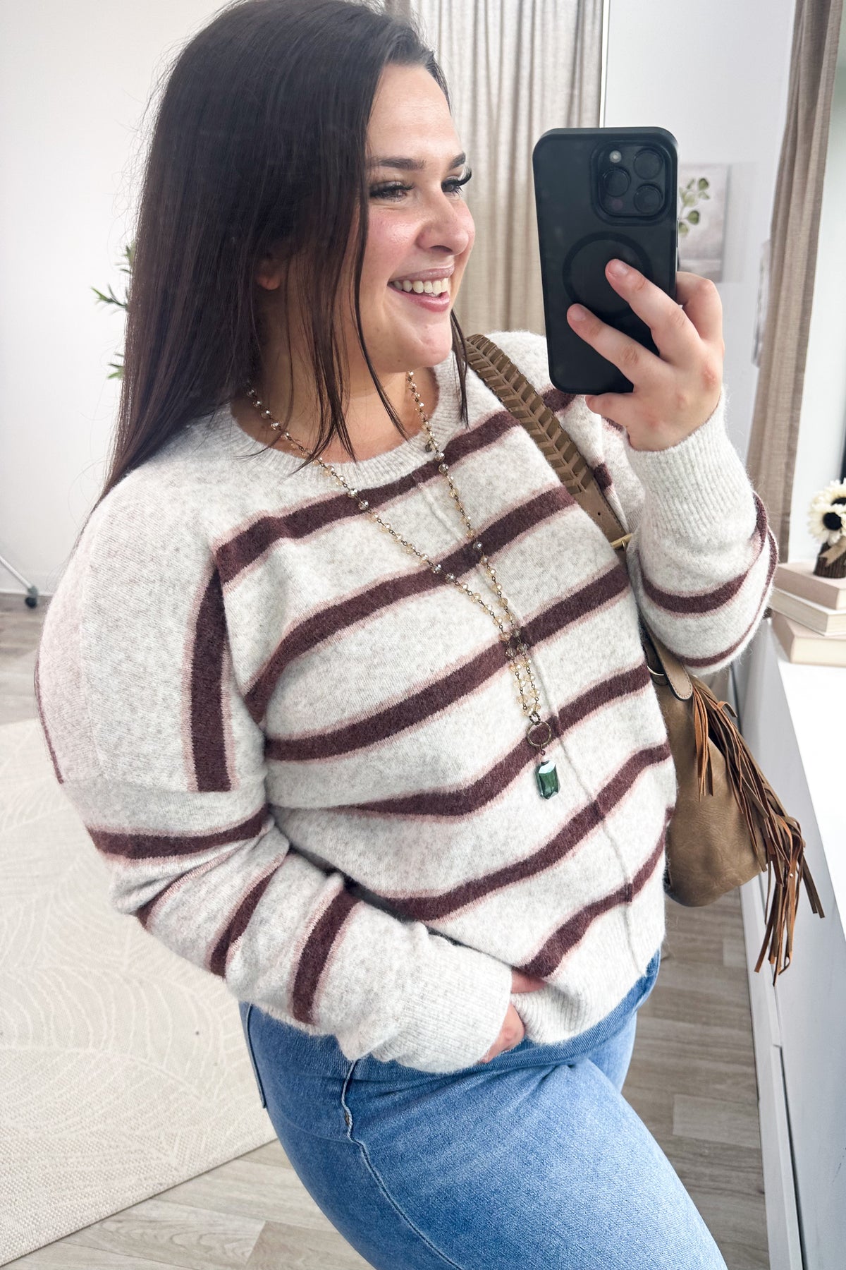 Staccato Oatmeal And Maroon Striped Sweater