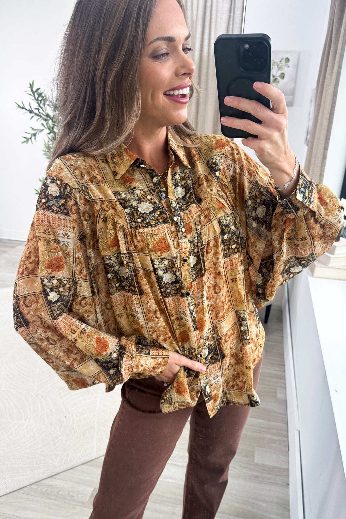 Camel And Navy Patchwork Button Up Woven Top