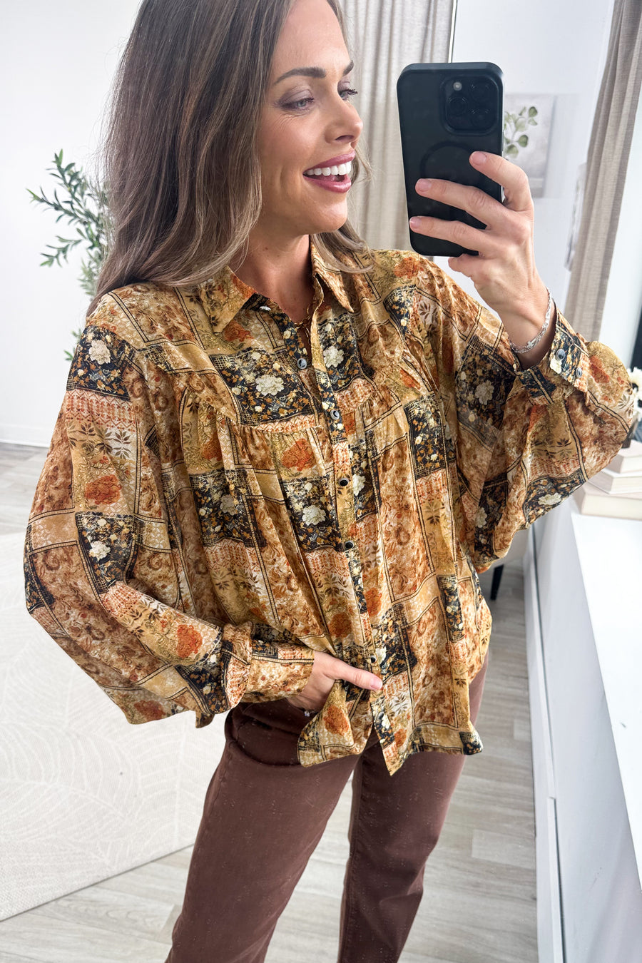 Camel And Navy Patchwork Button Up Woven Top