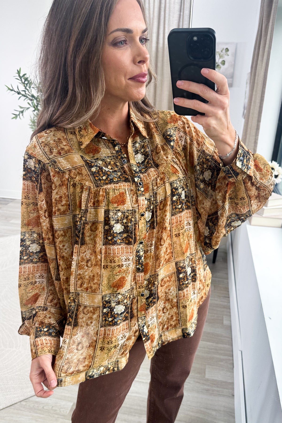 Camel And Navy Patchwork Button Up Woven Top