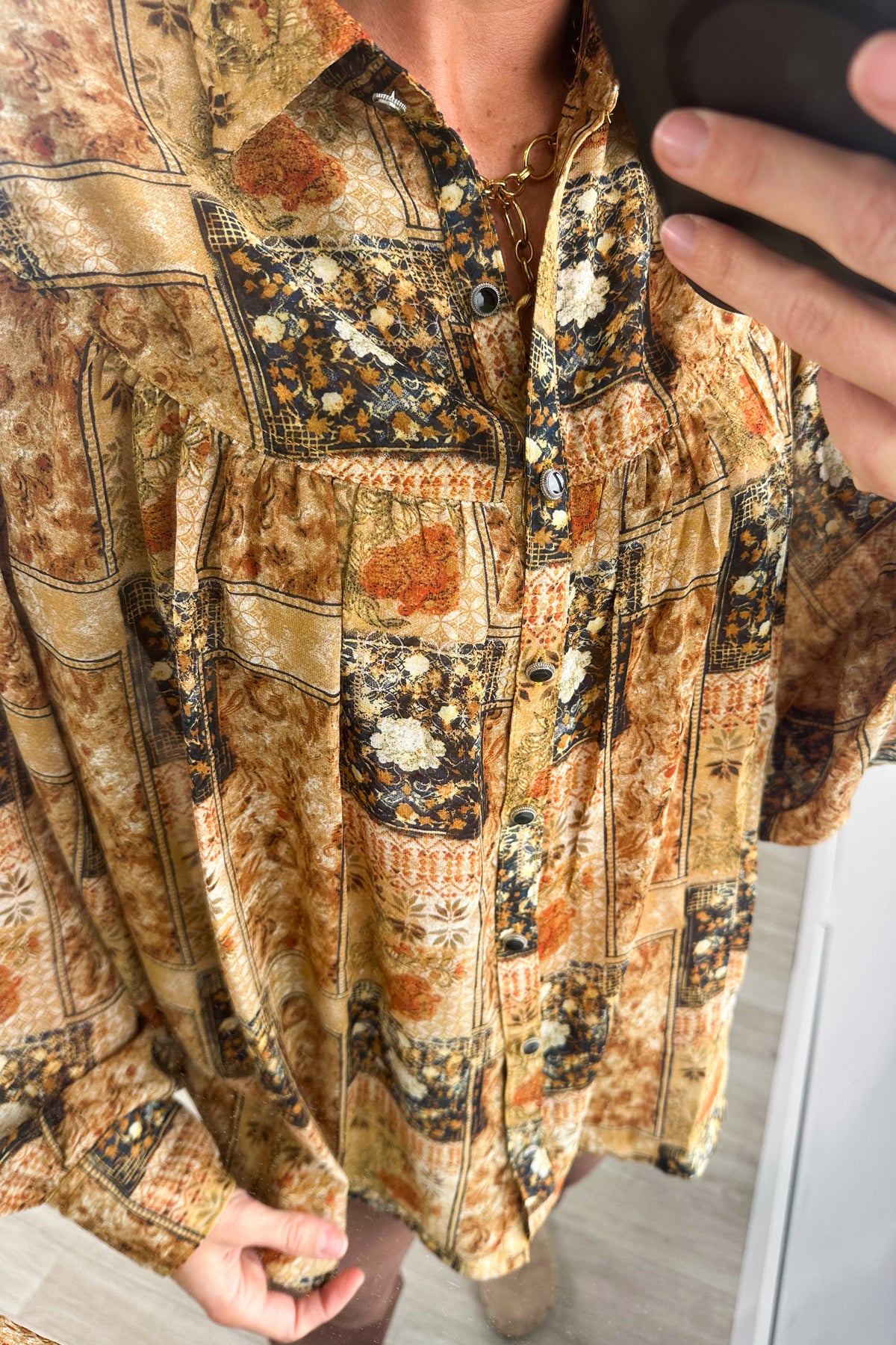 Camel And Navy Patchwork Button Up Woven Top