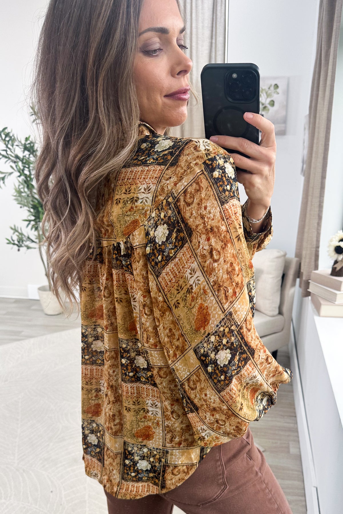 Camel And Navy Patchwork Button Up Woven Top