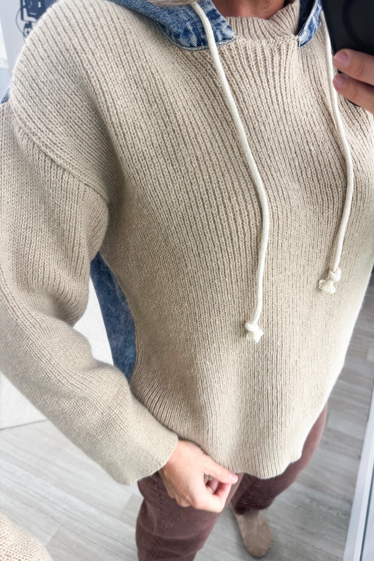 Mocha And Denim Contrast Hoodie Knit Top