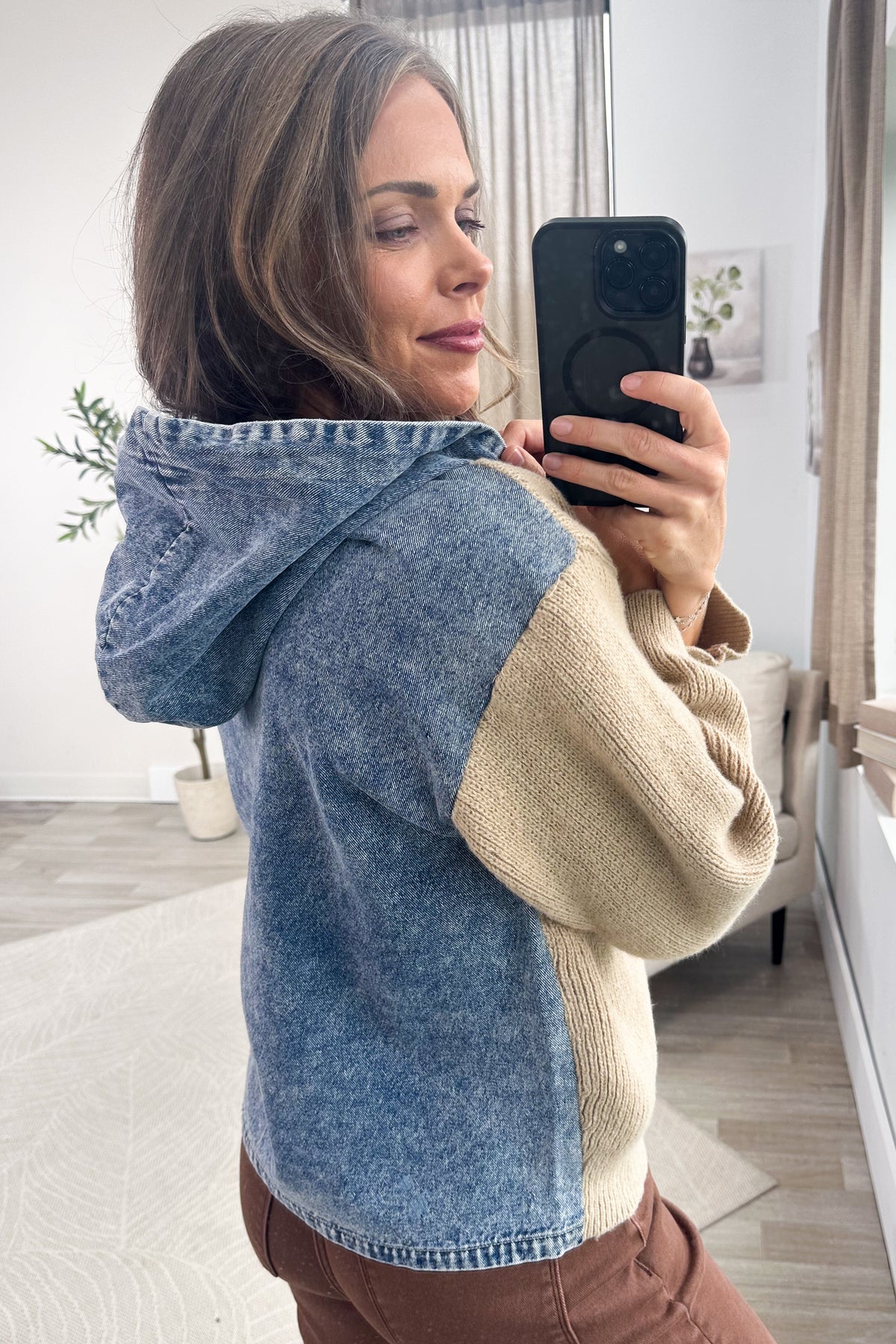 Mocha And Denim Contrast Hoodie Knit Top
