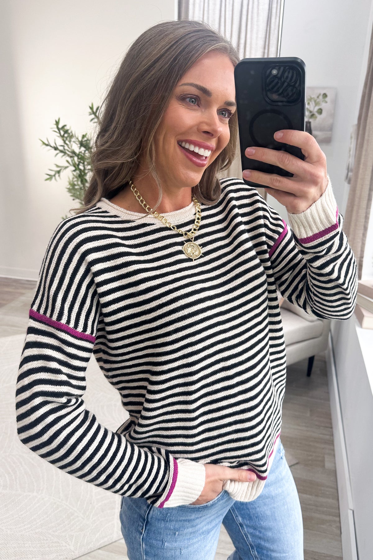 Staccato Black And Magenta Stripe Sweater