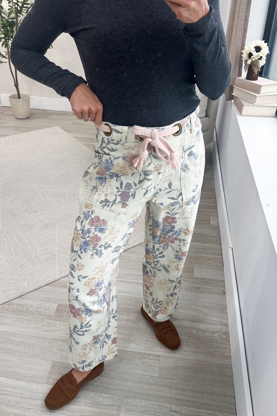 Vintage Washed Floral Cotton Drawstring Pants