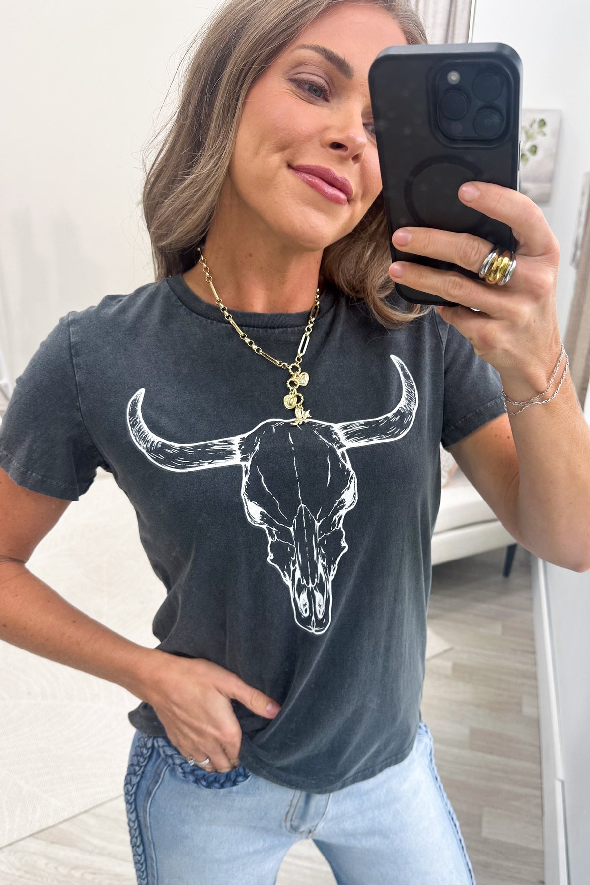 Black Mineral Washed Longhorn Graphic Knit Tee