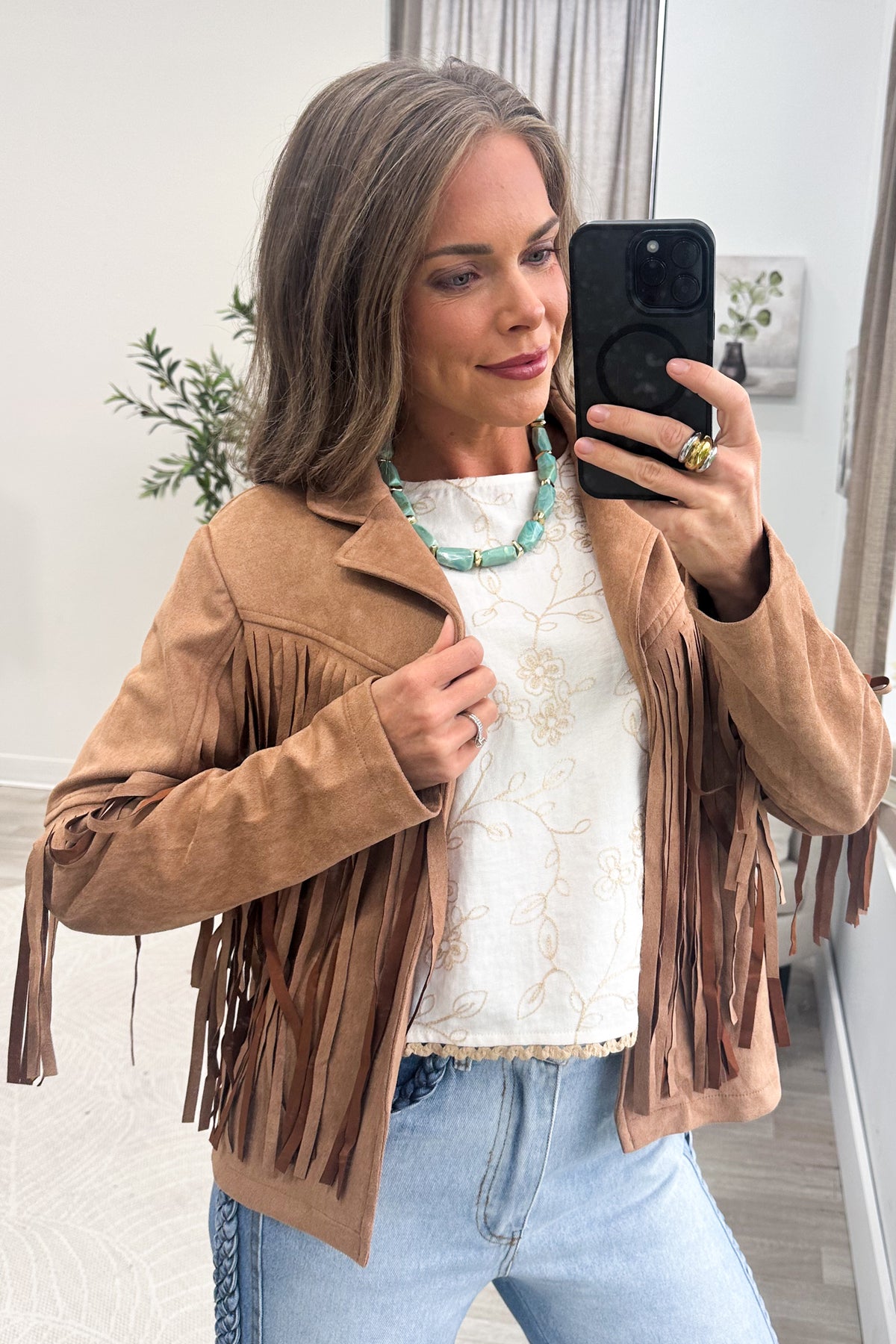 Camel Solid Faux Vegan Suede Fringe Jacket