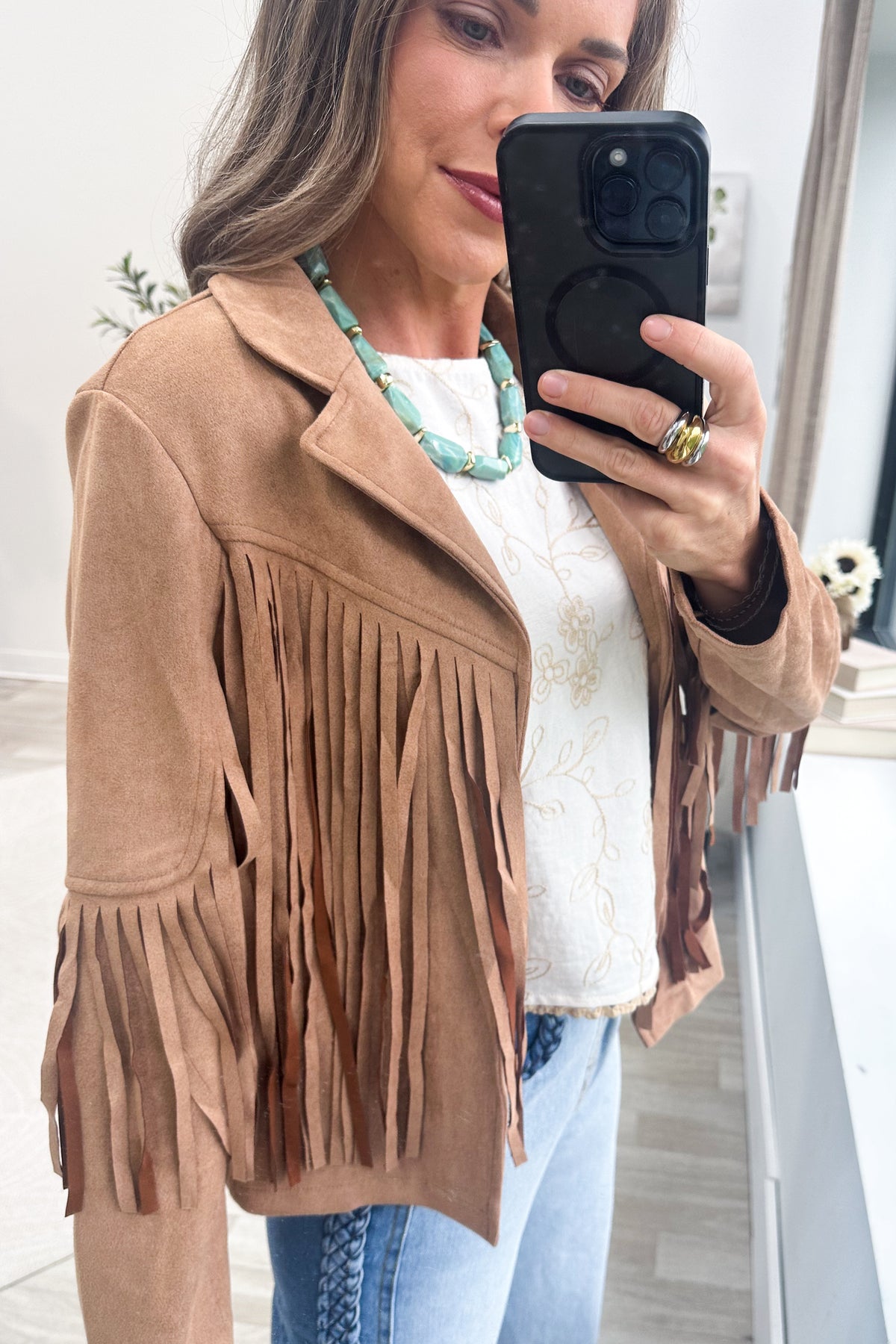 Camel Solid Faux Vegan Suede Fringe Jacket