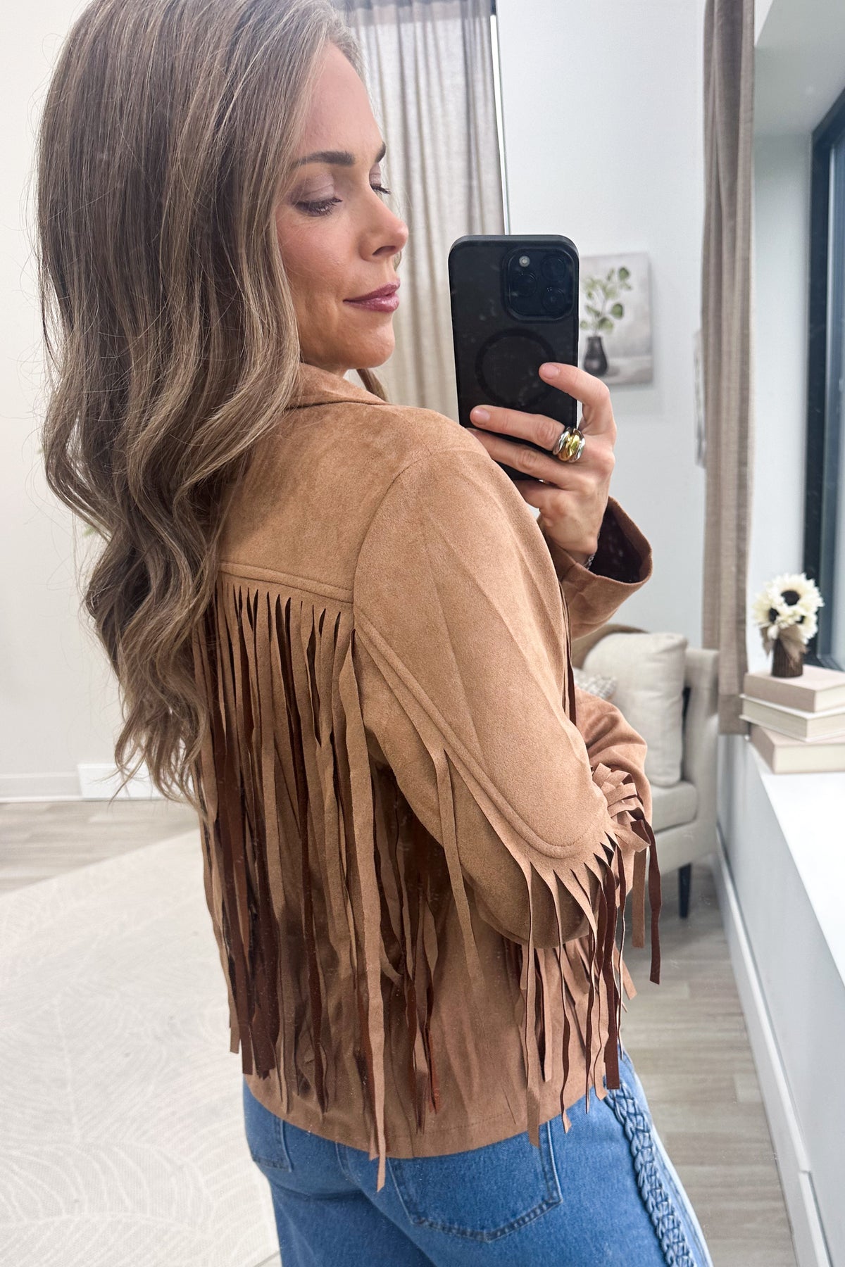 Camel Solid Faux Vegan Suede Fringe Jacket