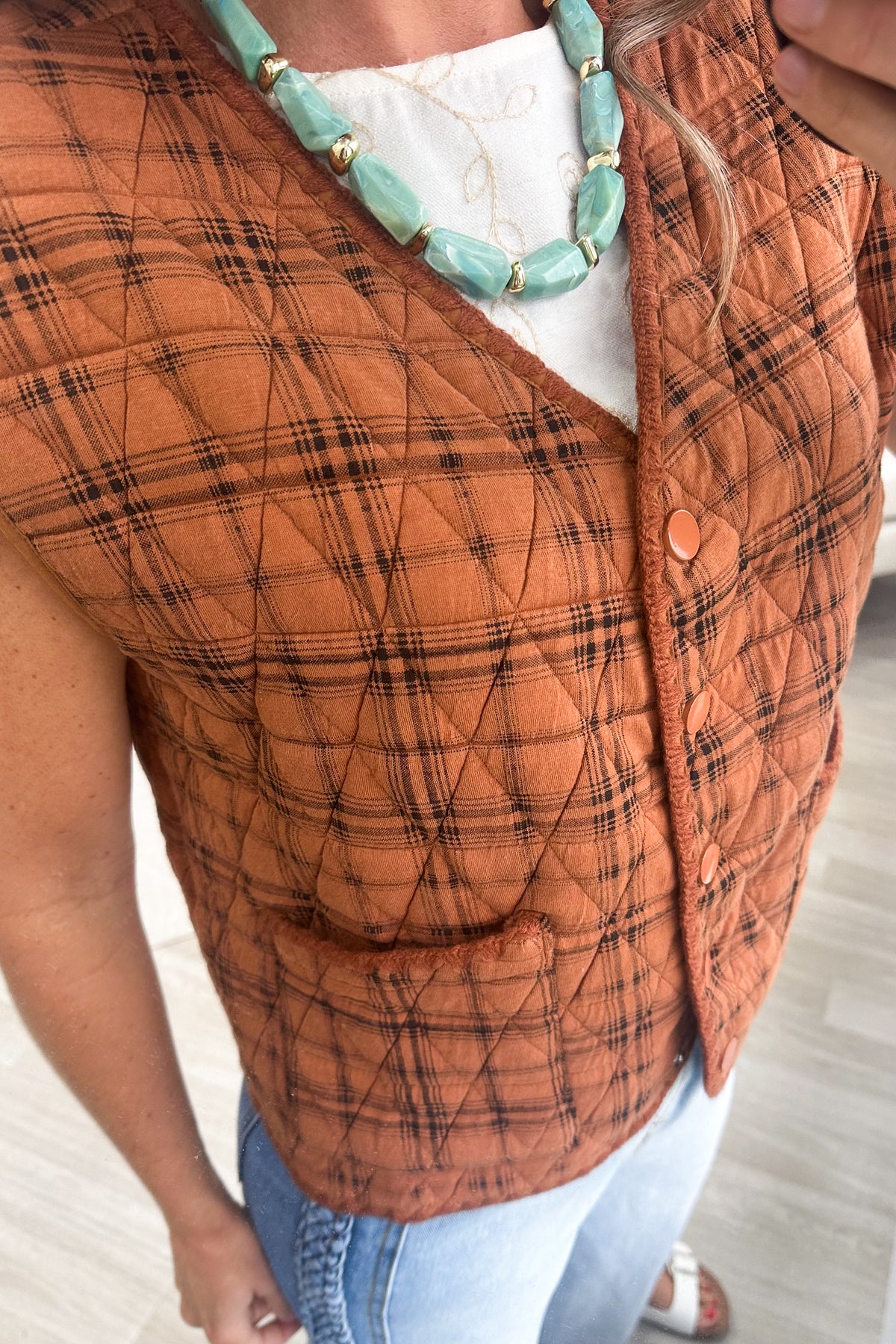 Copper Plaid Snap Button Vest With Front Pockets