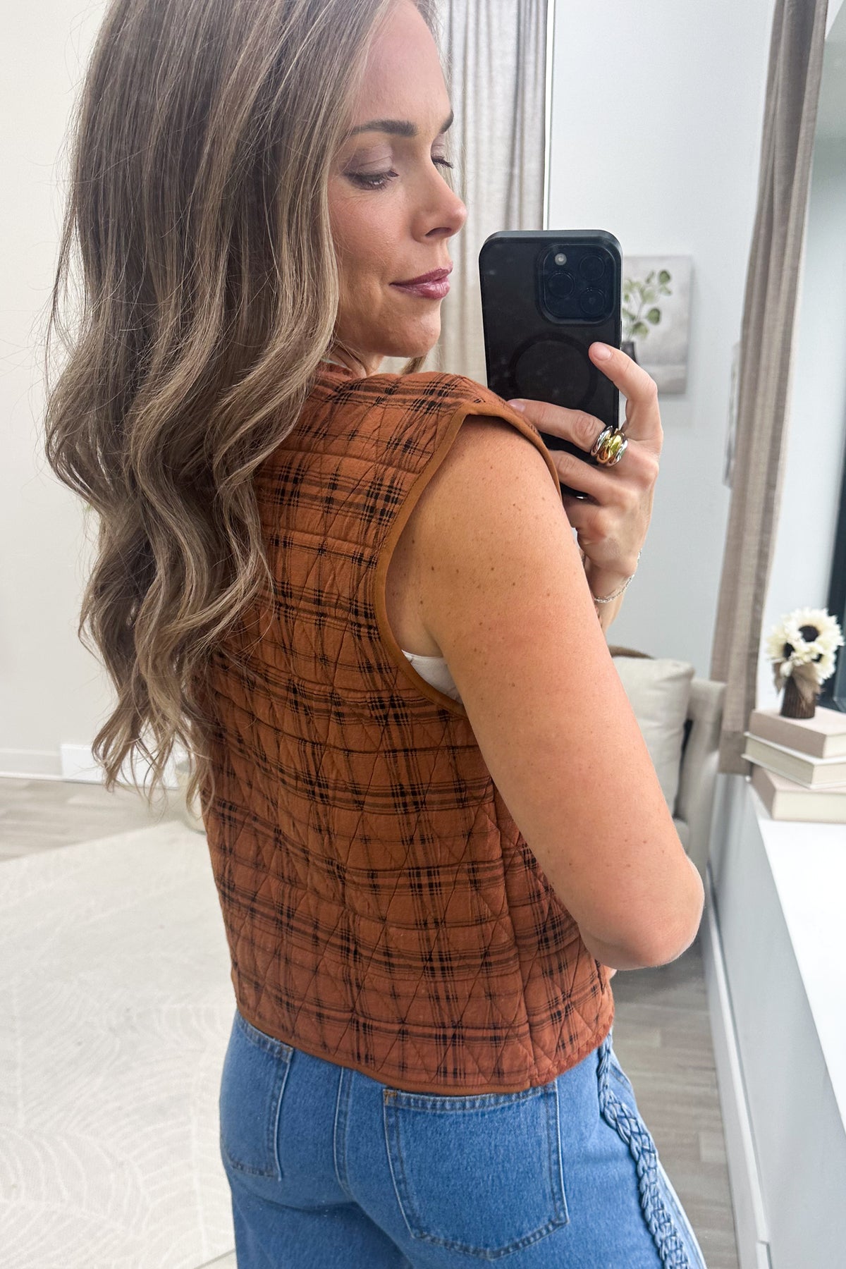 Copper Plaid Snap Button Vest With Front Pockets