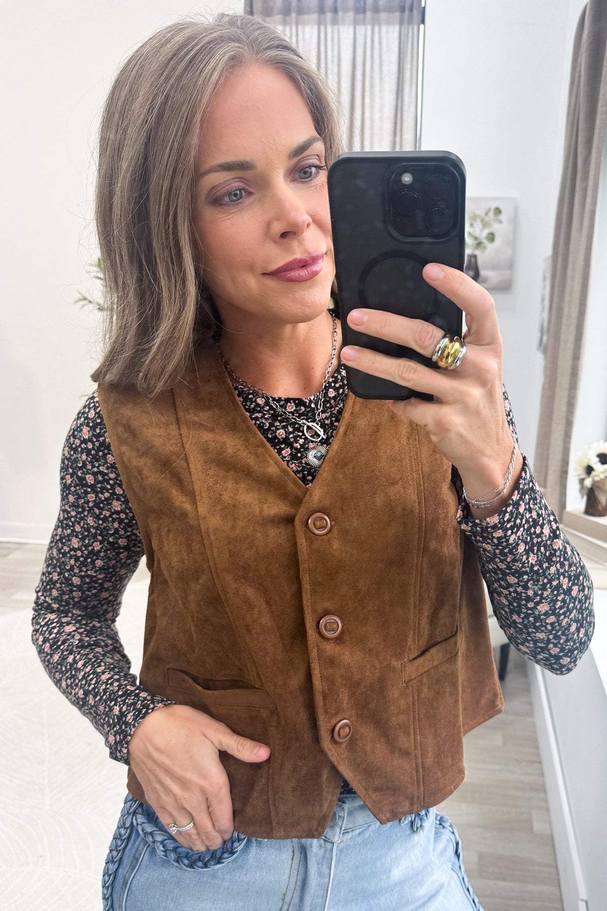 Camel Soft Faux Suede V-Neck Vest