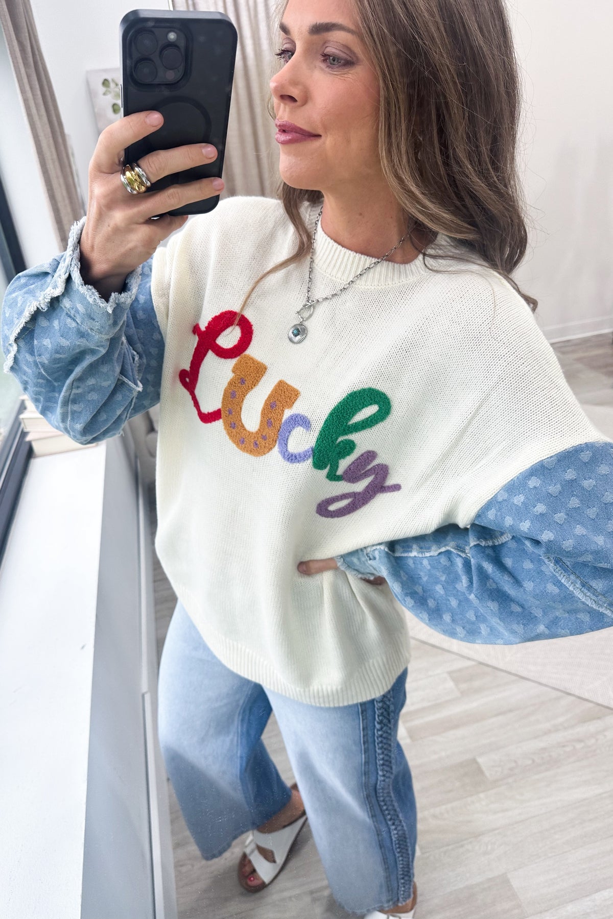 Ivory With Denim Long Sleeves Lucky Knit Sweater