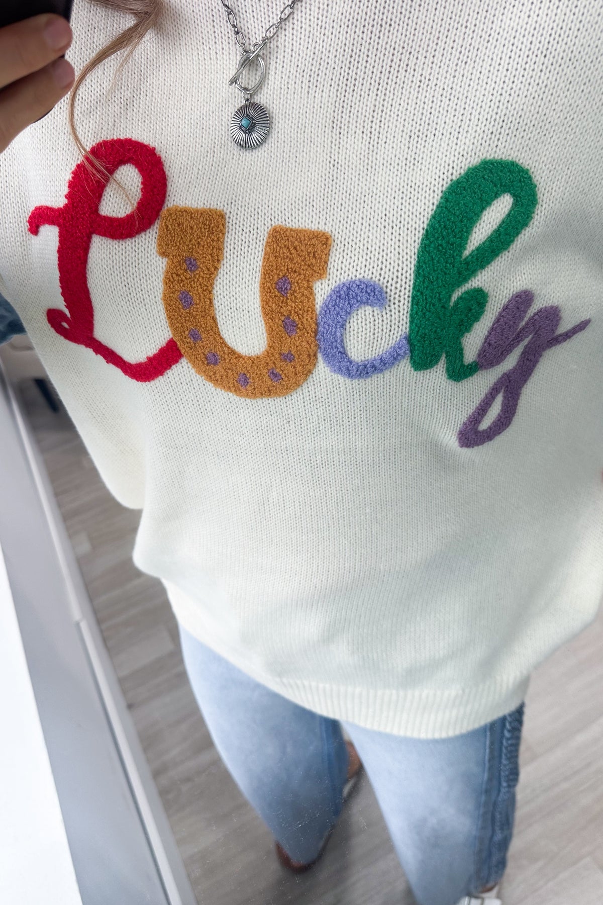 Ivory With Denim Long Sleeves Lucky Knit Sweater