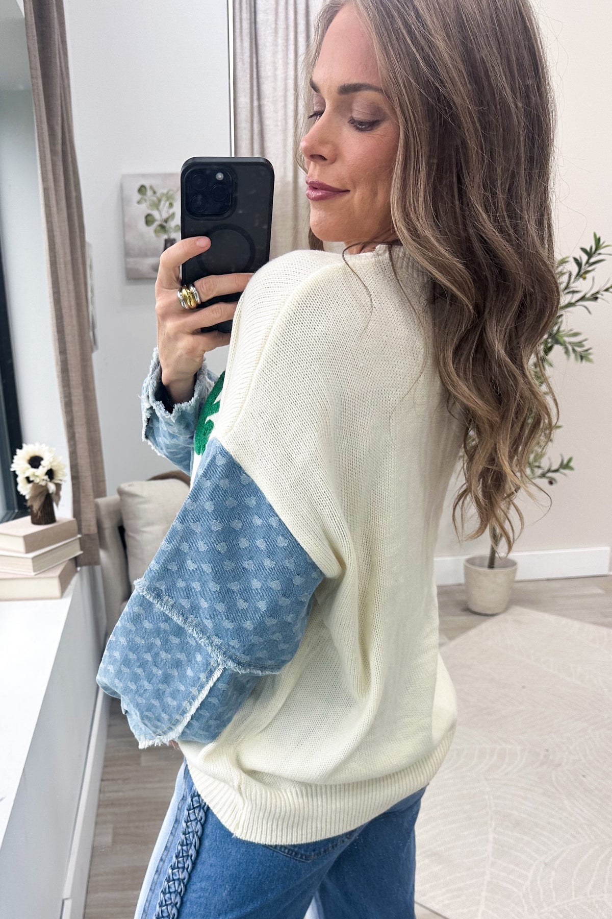 Ivory With Denim Long Sleeves Lucky Knit Sweater