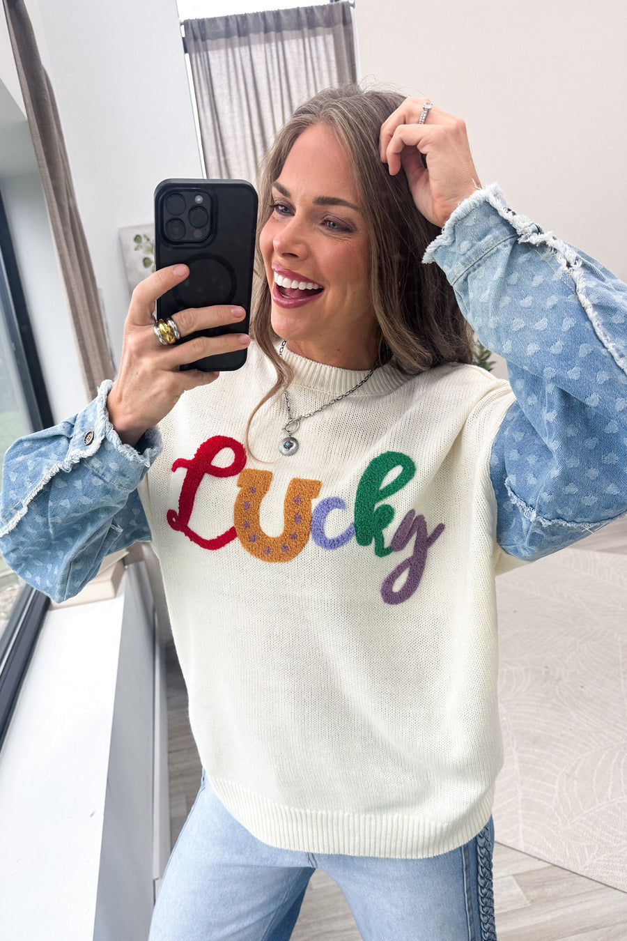 Ivory With Denim Long Sleeves Lucky Knit Sweater