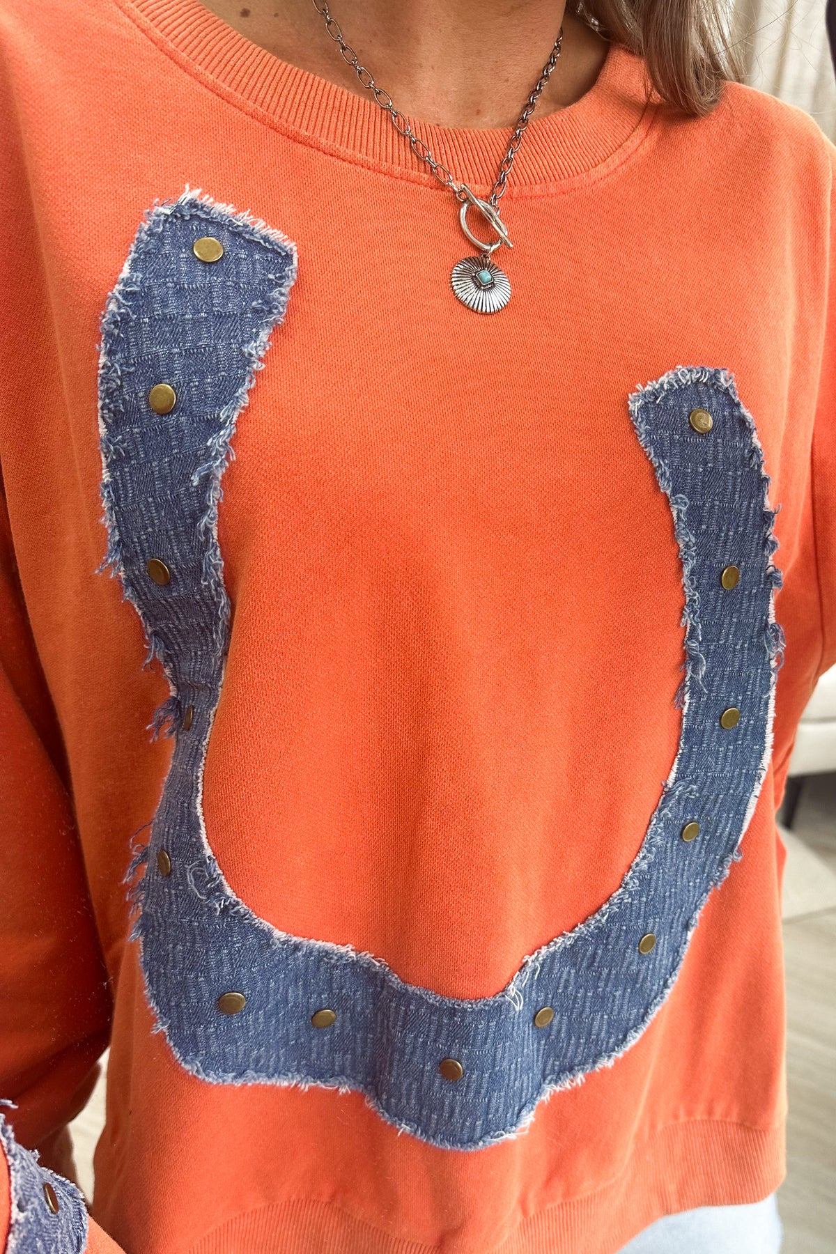 Orange Mineral Wash Horseshoe Knit Pullover Top