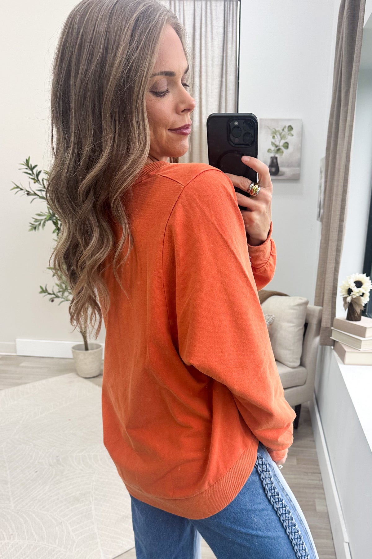 Orange Mineral Wash Horseshoe Knit Pullover Top