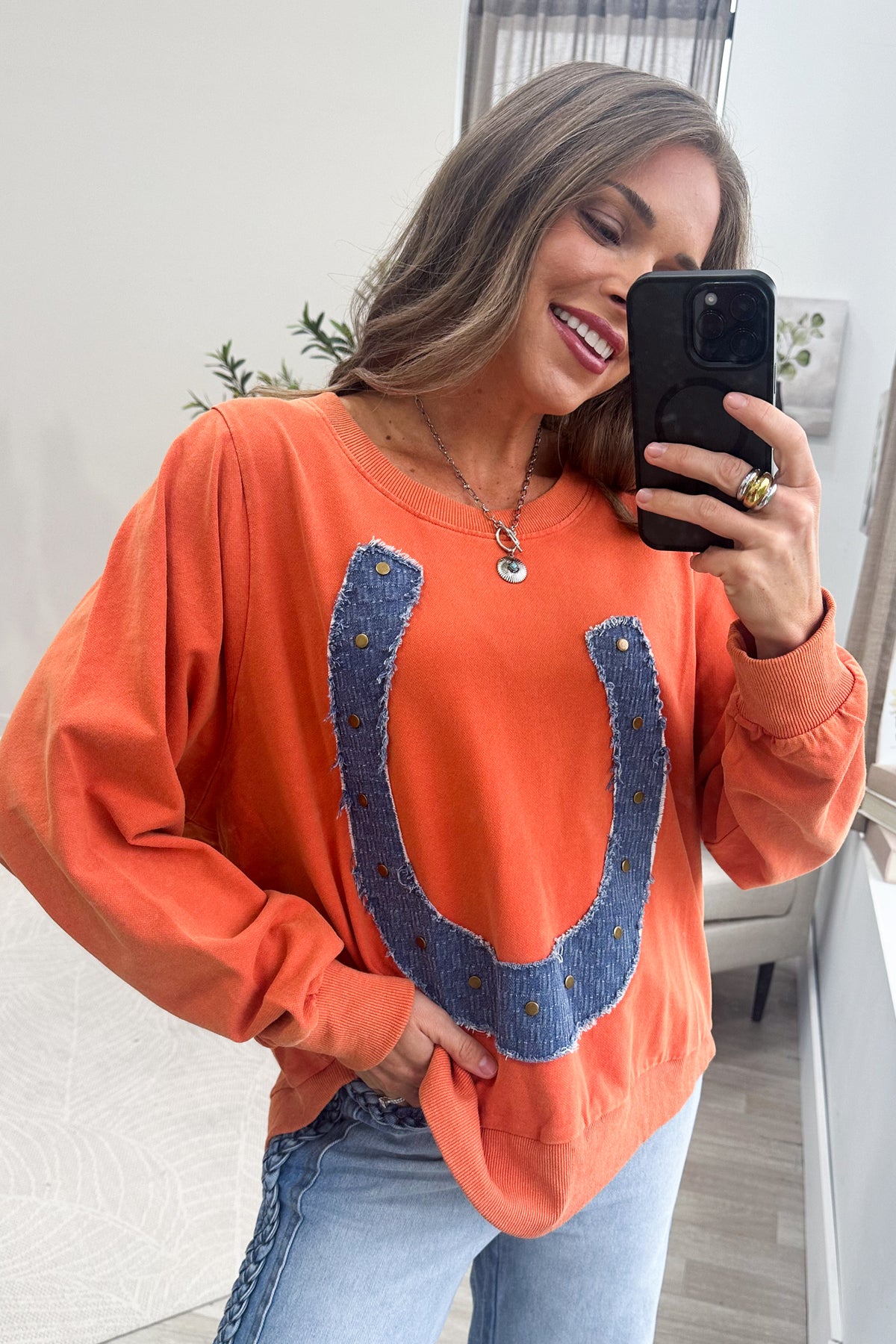 Orange Mineral Wash Horseshoe Knit Pullover Top