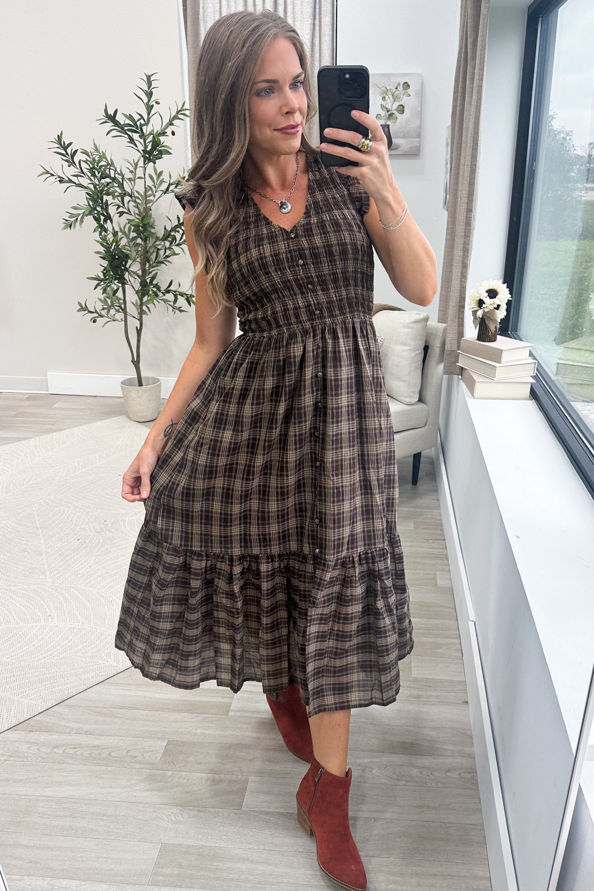 Brown Plaid Smocked V-Neck Button Midi Dress