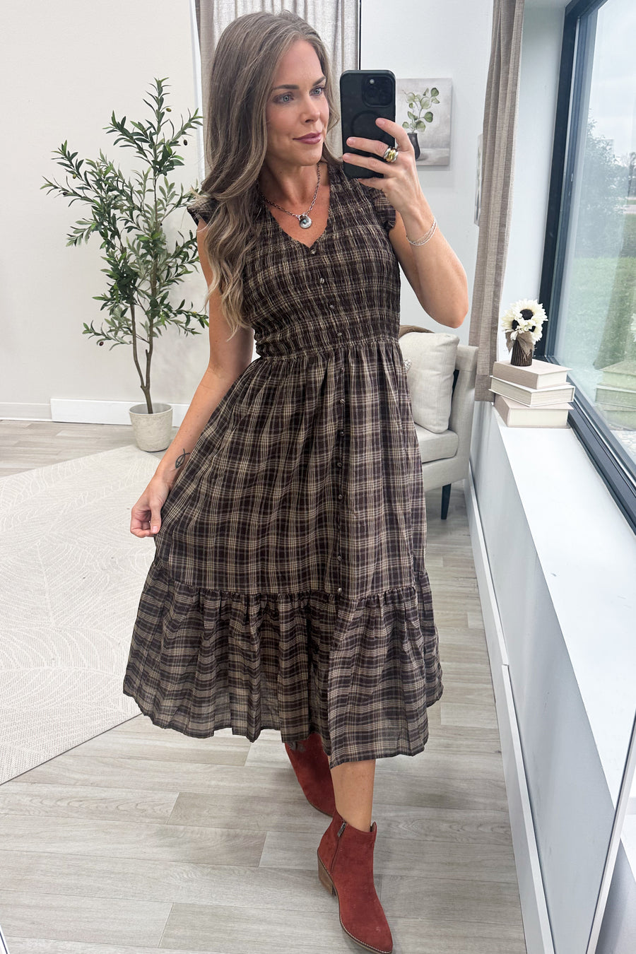 Brown Plaid Smocked V-Neck Button Midi Dress