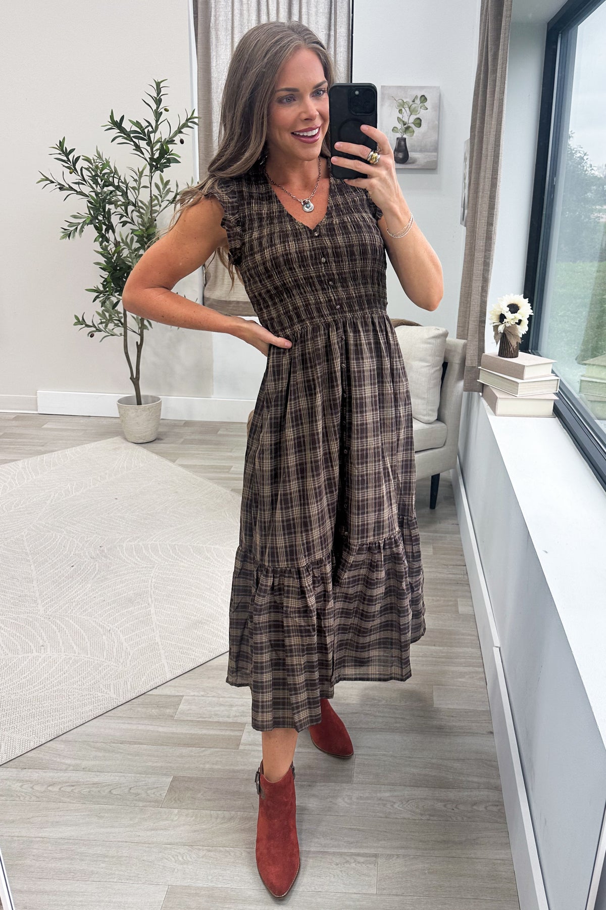 Brown Plaid Smocked V-Neck Button Midi Dress