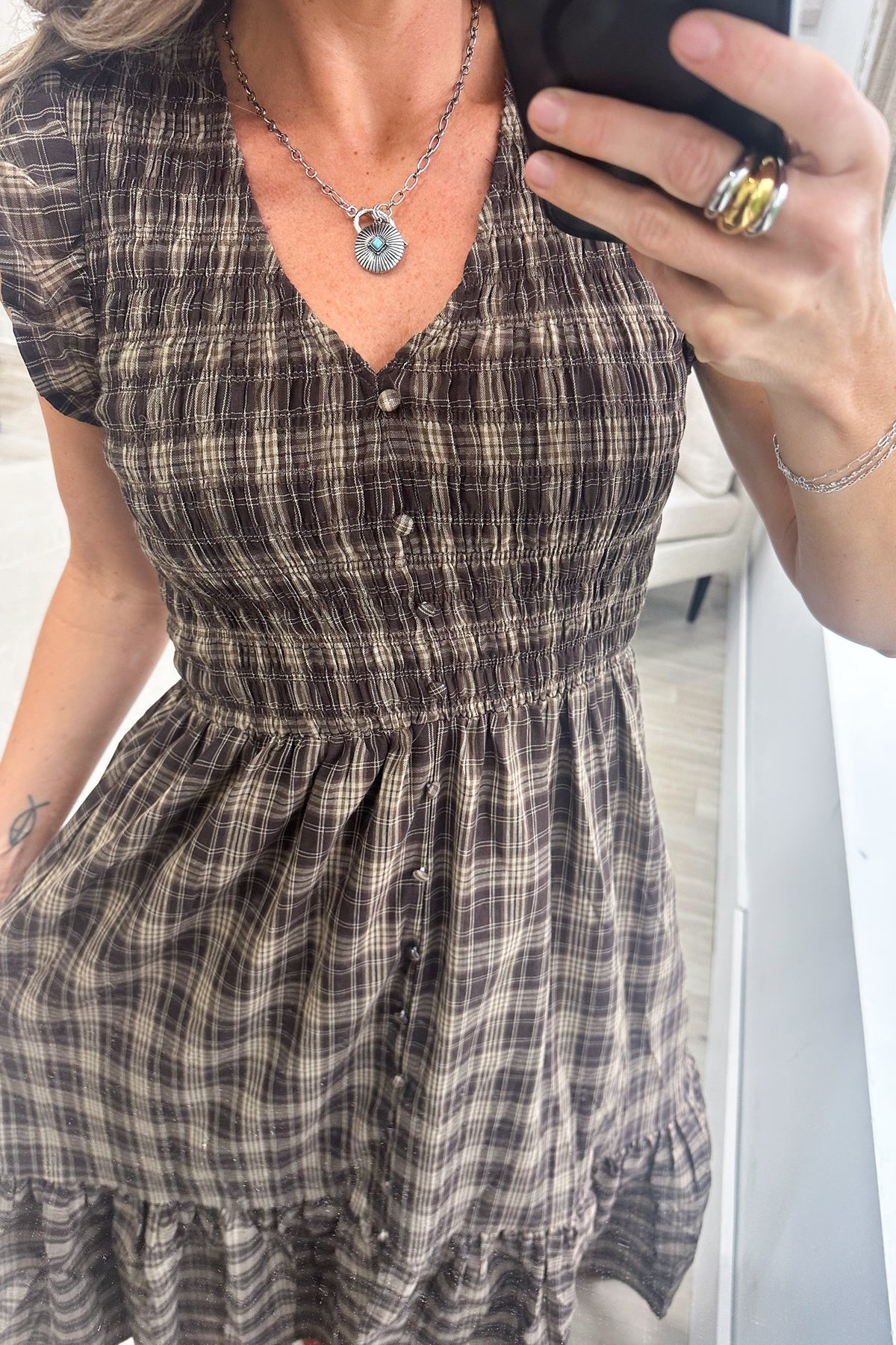 Brown Plaid Smocked V-Neck Button Midi Dress