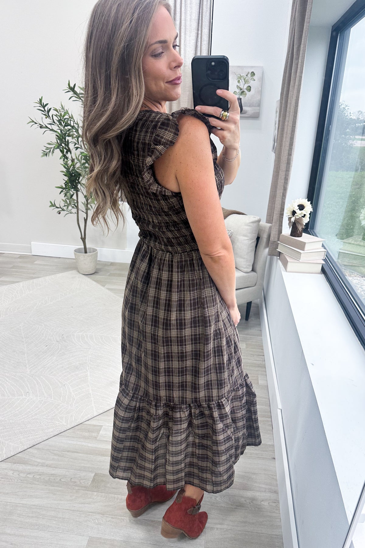 Brown Plaid Smocked V-Neck Button Midi Dress